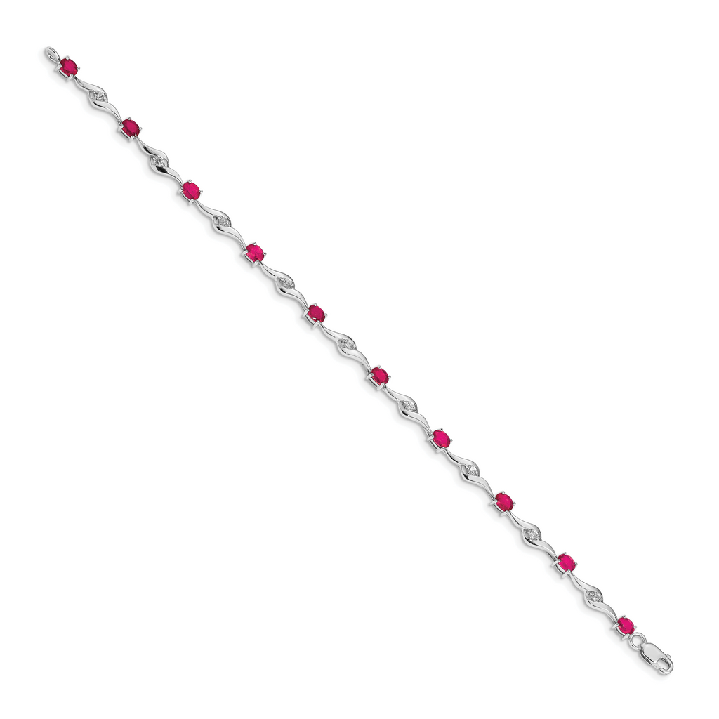 14k White Gold Complete Oval Ruby and Round White Sapphire Curved Link 7 inch Bracelet