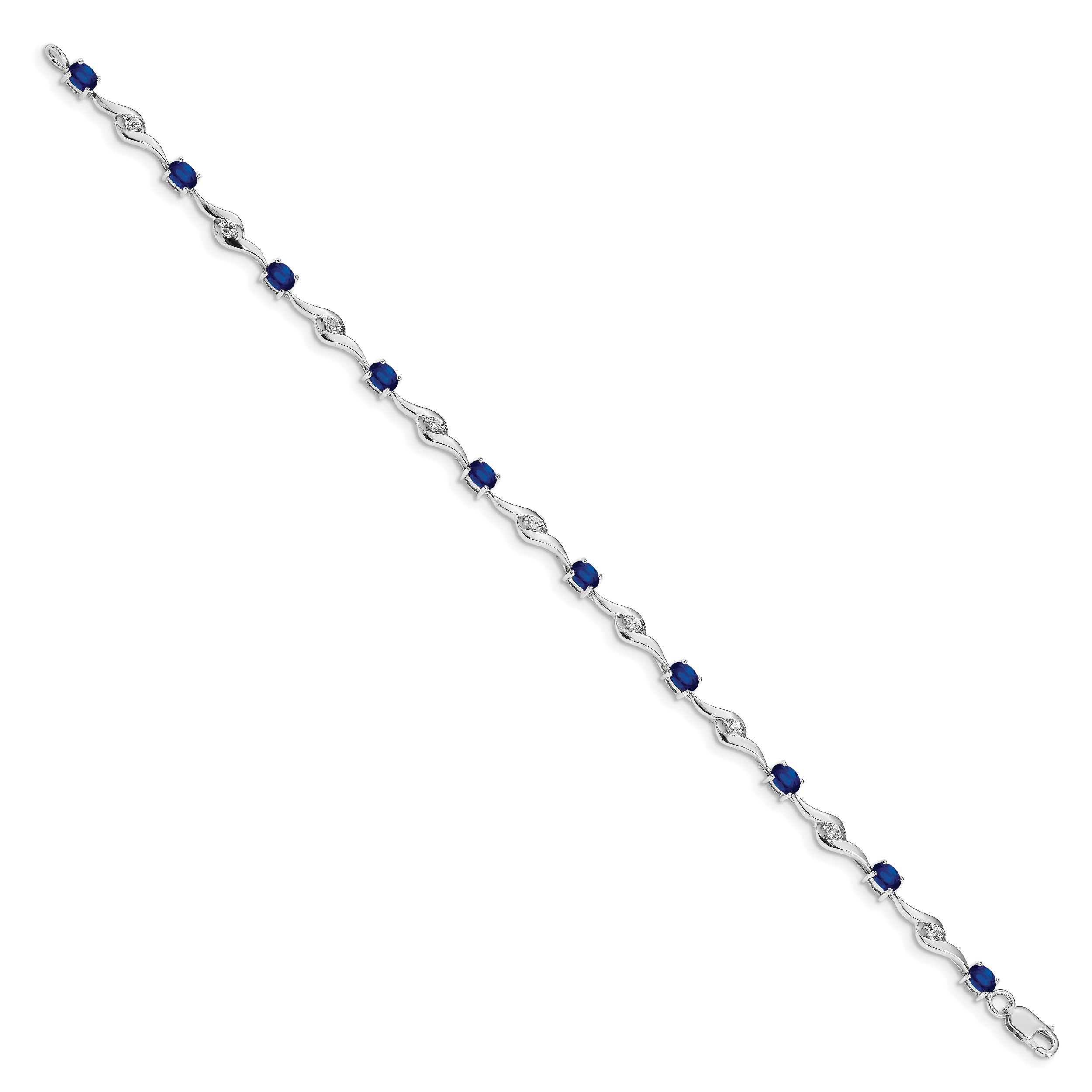 14k White Gold Complete Oval Blue Sapphire and Round White Sapphire Curved Link 7 inch Bracelet Secondary image