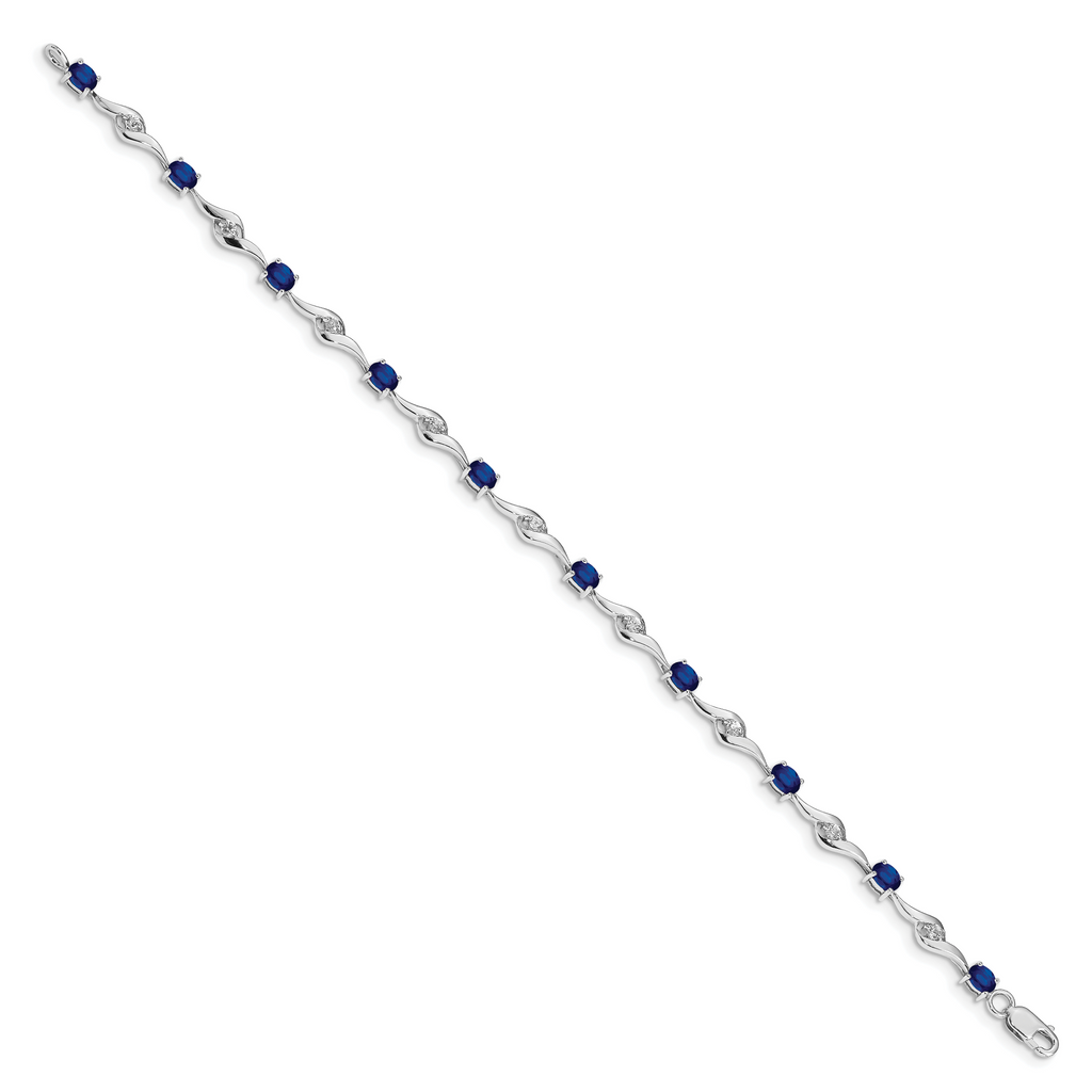 14k White Gold Complete Oval Blue Sapphire and Round White Sapphire Curved Link 7 inch Bracelet