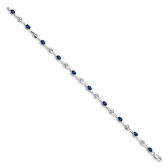 14k White Gold Complete Oval Blue Sapphire and Round White Sapphire Curved Link 7 inch Bracelet