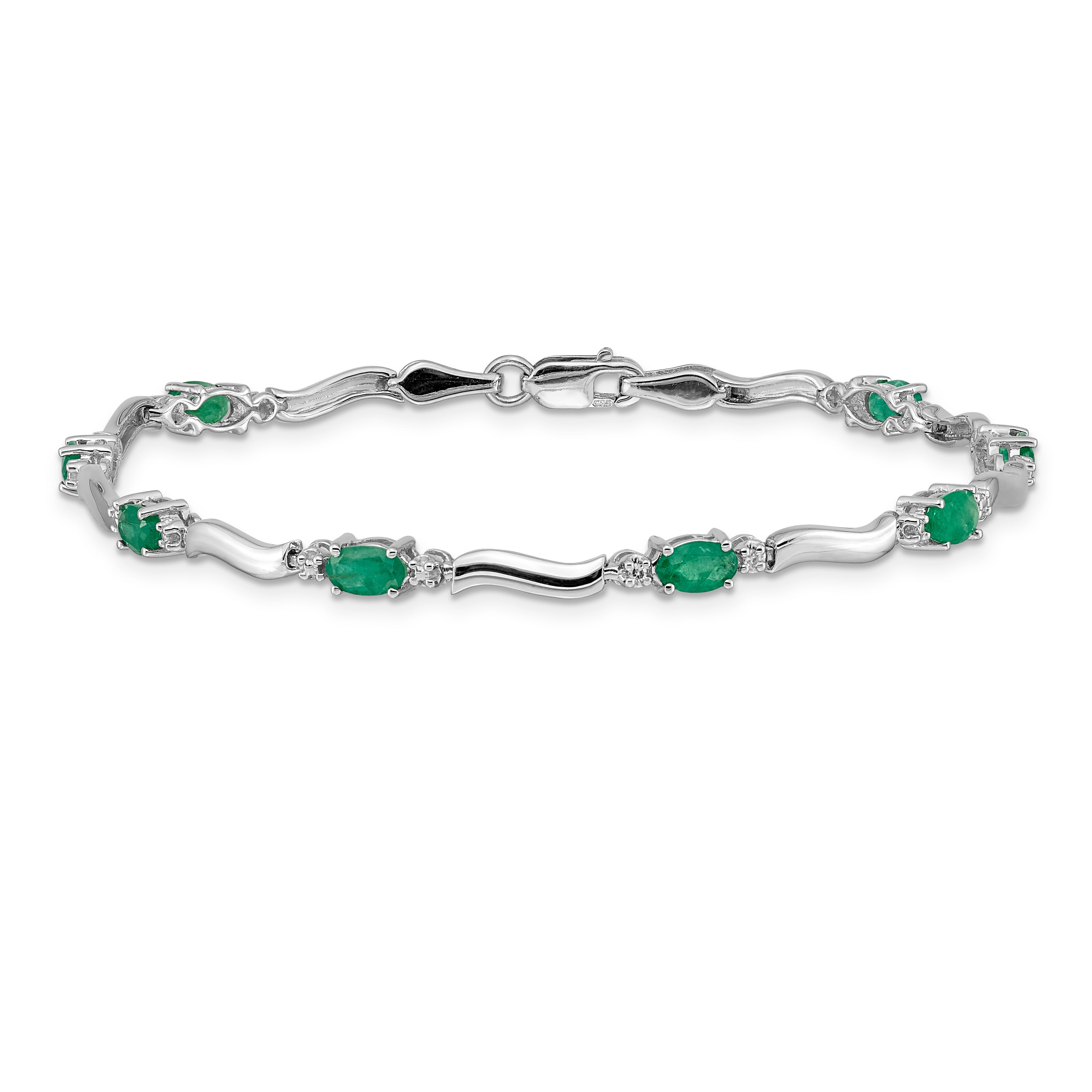 14k White Gold Complete Diamond and Oval Emerald Wavy Link 7 inch Bracelet