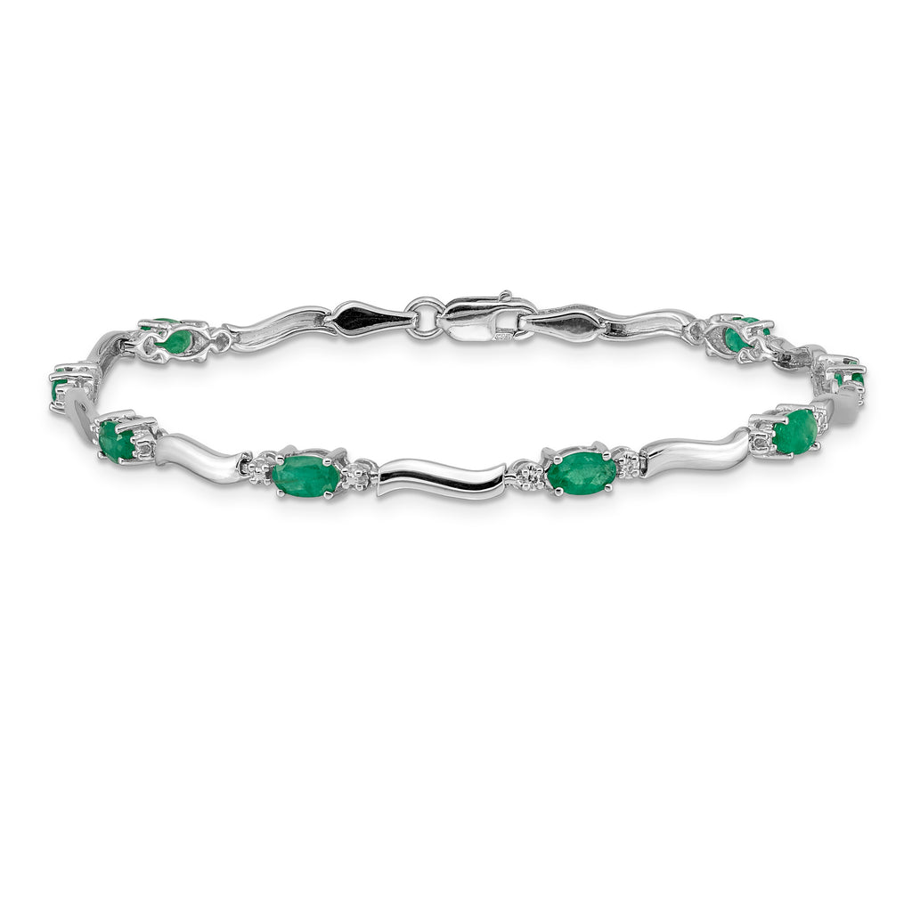 14k White Gold Complete Diamond and Oval Emerald Wavy Link 7 inch Bracelet