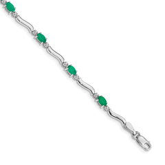 14k White Gold Complete Diamond and Oval Emerald Wavy Link 7 inch Bracelet