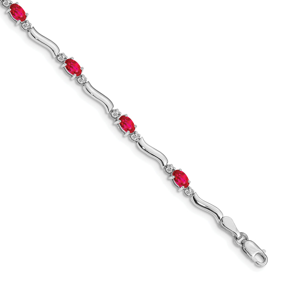 14k White Gold Complete Diamond and Oval Ruby Wavy Link 7 inch Bracelet - Sophia Jewelers