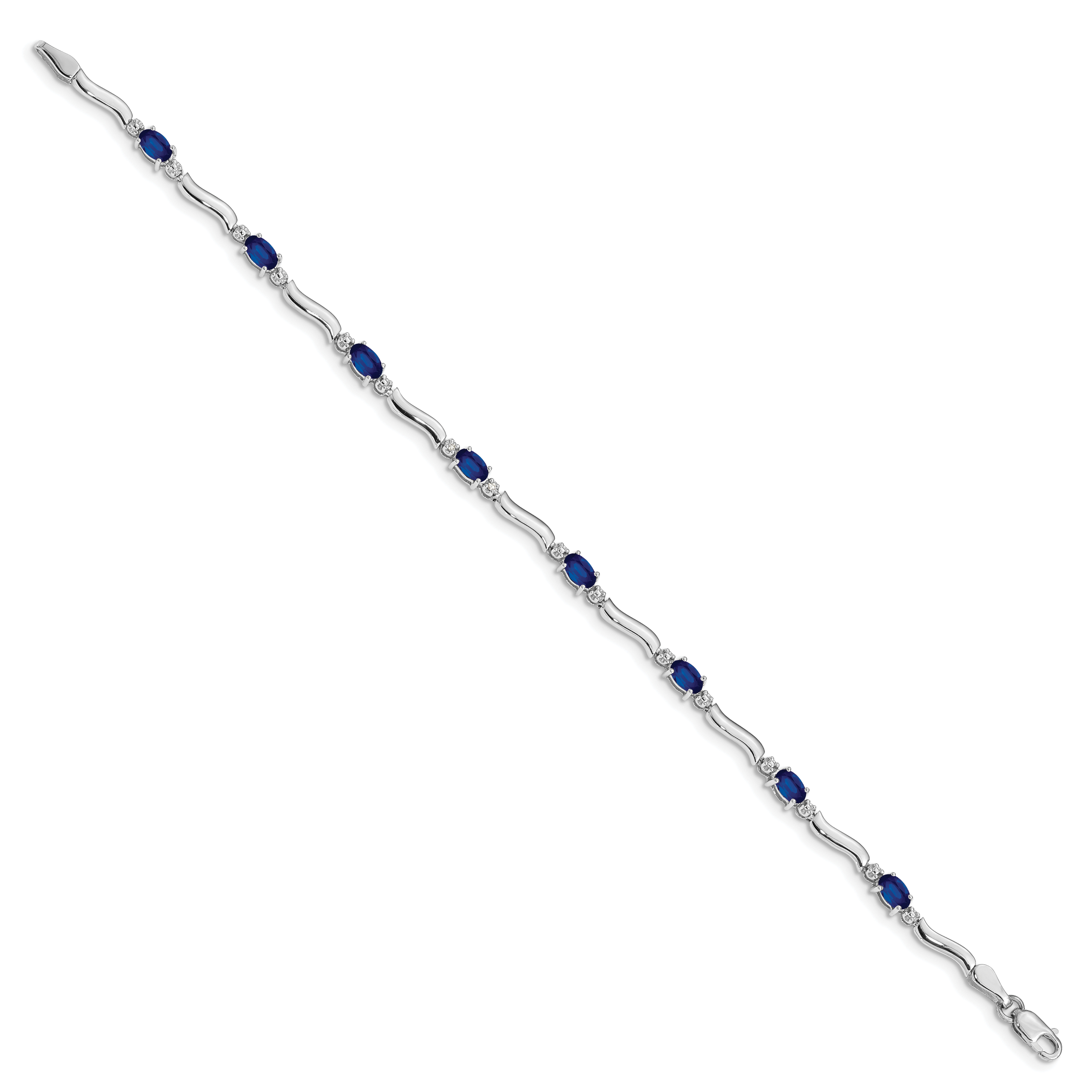 14k White Gold Complete Diamond and Oval Sapphire Wavy Link 7 inch Bracelet Secondary image