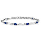 14k White Gold Complete Diamond and Oval Sapphire Wavy Link 7 inch Bracelet