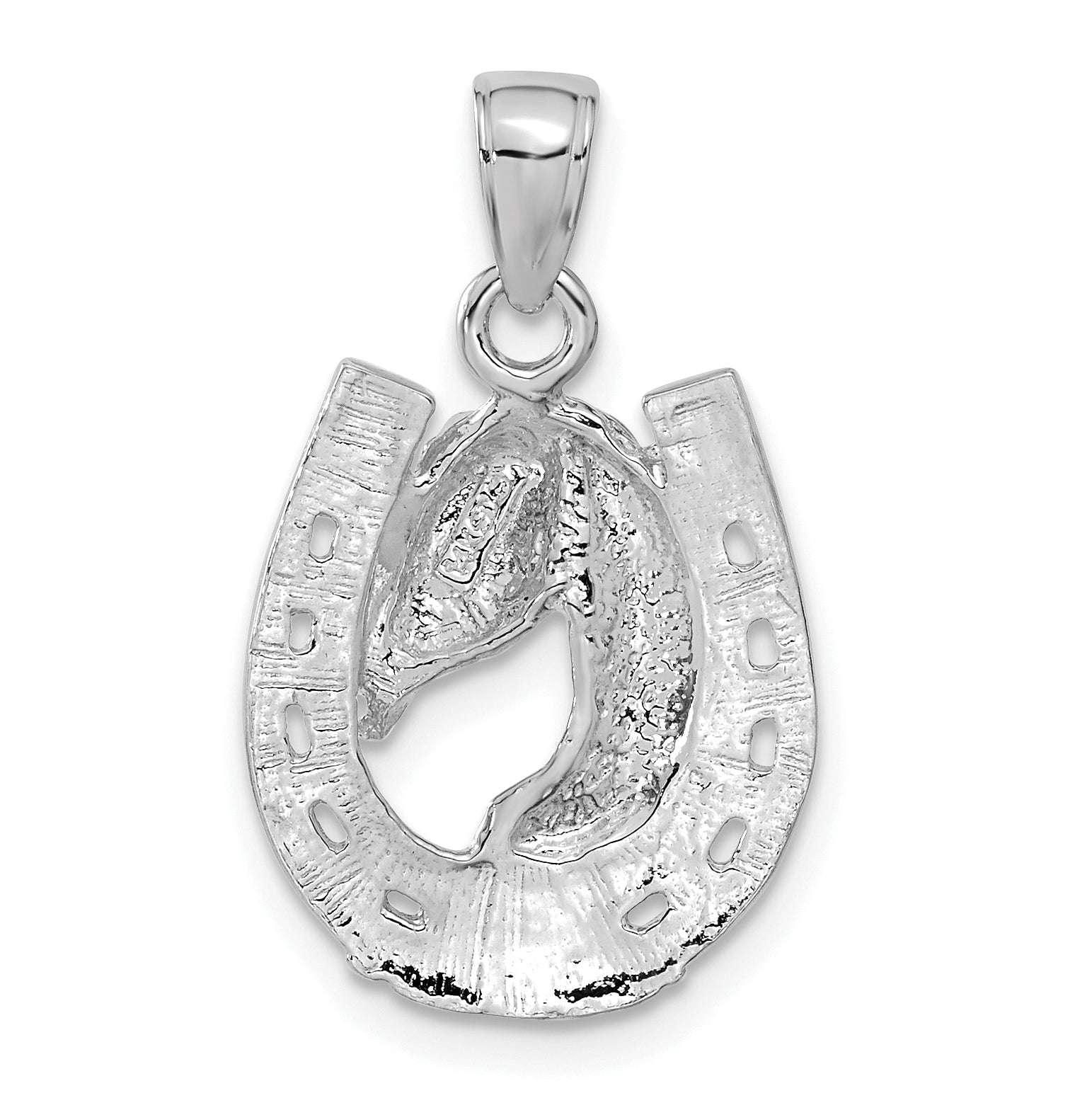 14k White Gold Solid Polished Horse Head in Horseshoe Pendant