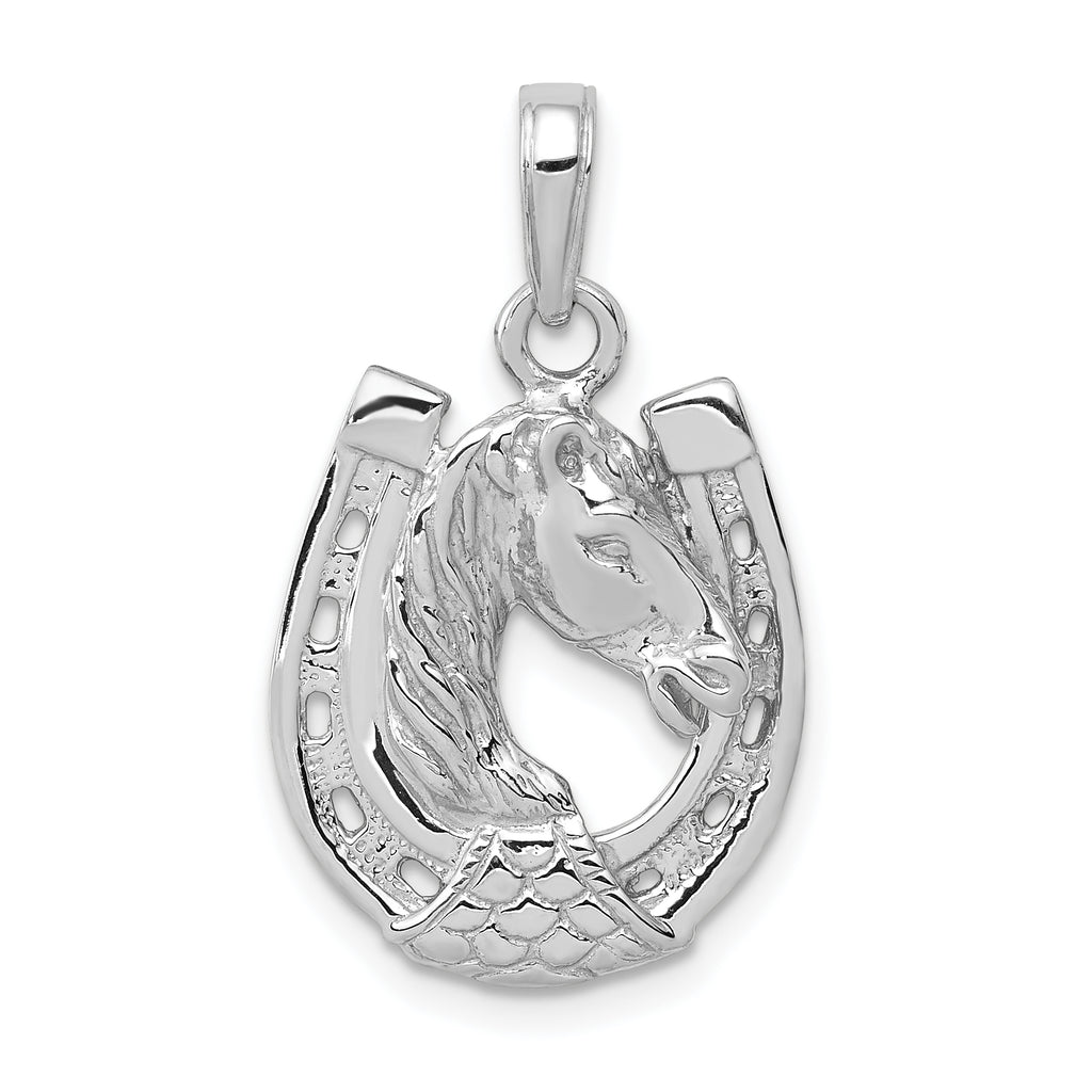14k White Gold Solid Polished Horse Head in Horseshoe Pendant - Sophia Jewelers