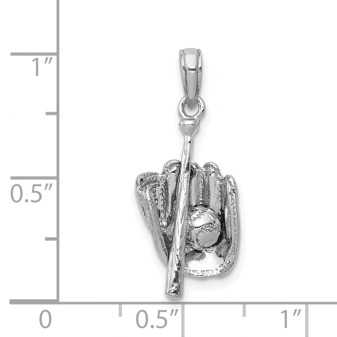 14K White Gold Polished 3-D Glove/Bat/Baseball Pendant