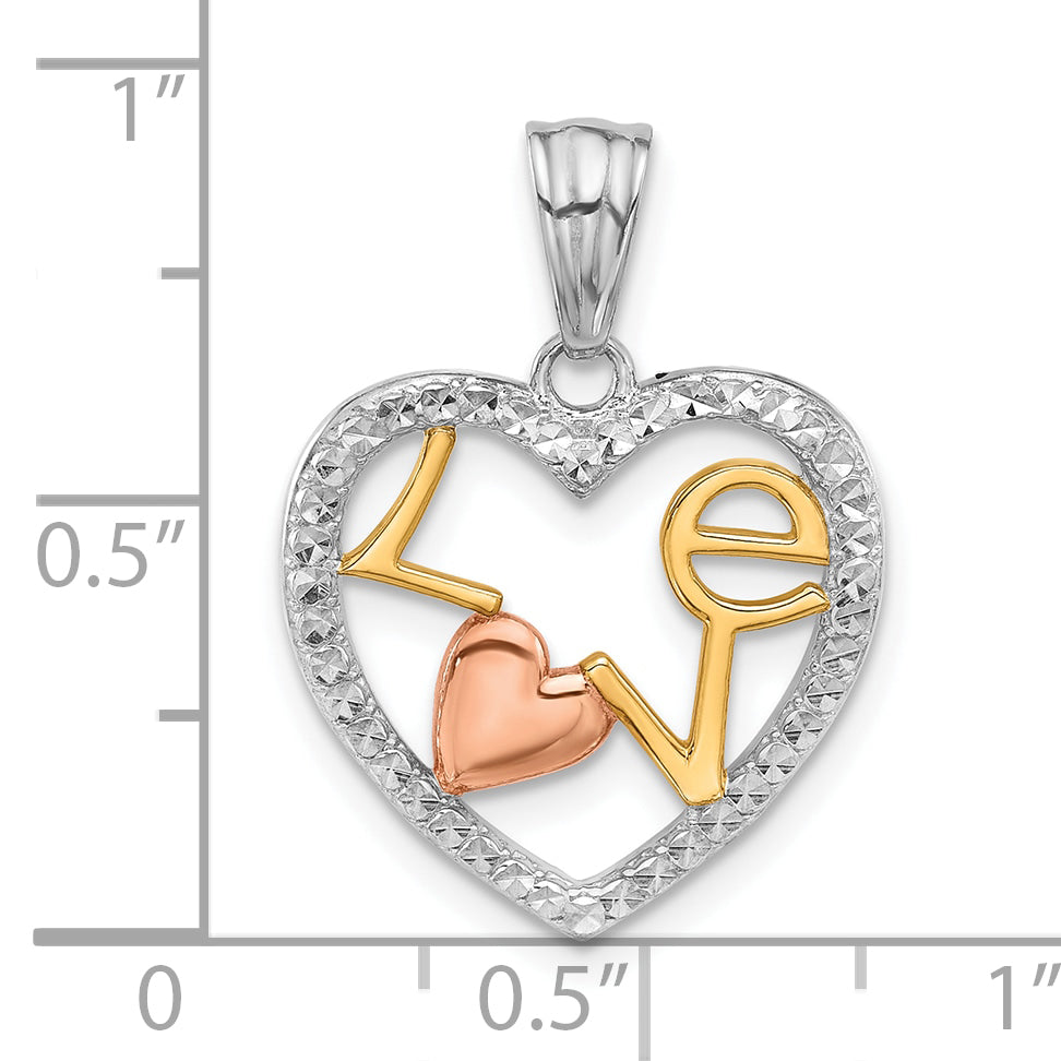 14K Tri-Color Diamond-cut LOVE in Heart Pendant