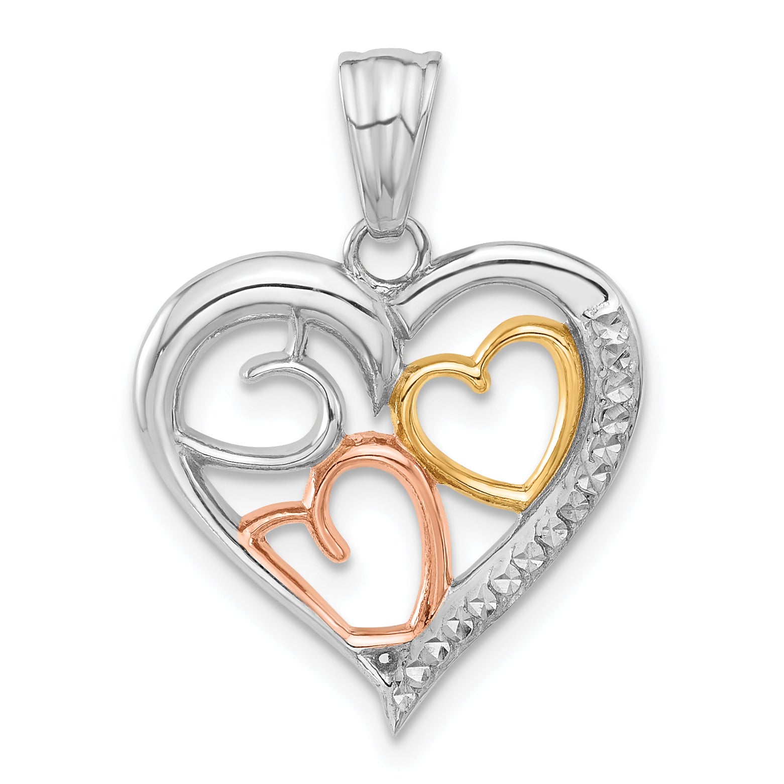 14K Tri-color Diamond-cut Hearts Pendant Main image