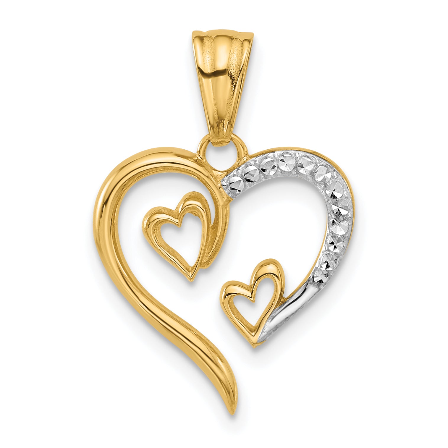 14K with White Rhodium Diamond-cut Open Hearts Pendant Main image