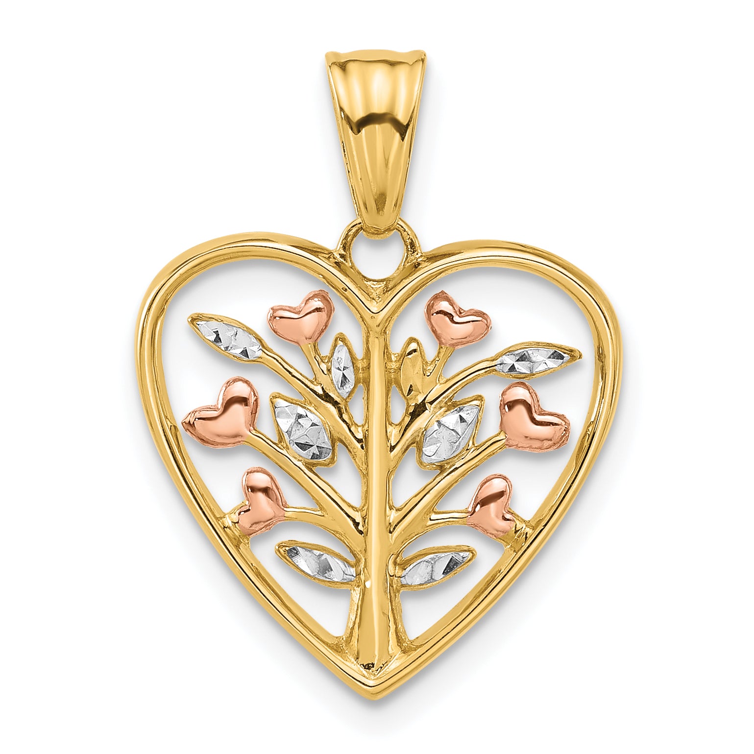 14K Rose-plated and White Rhodium Diamond-cut Branches in Heart Pendant Main image