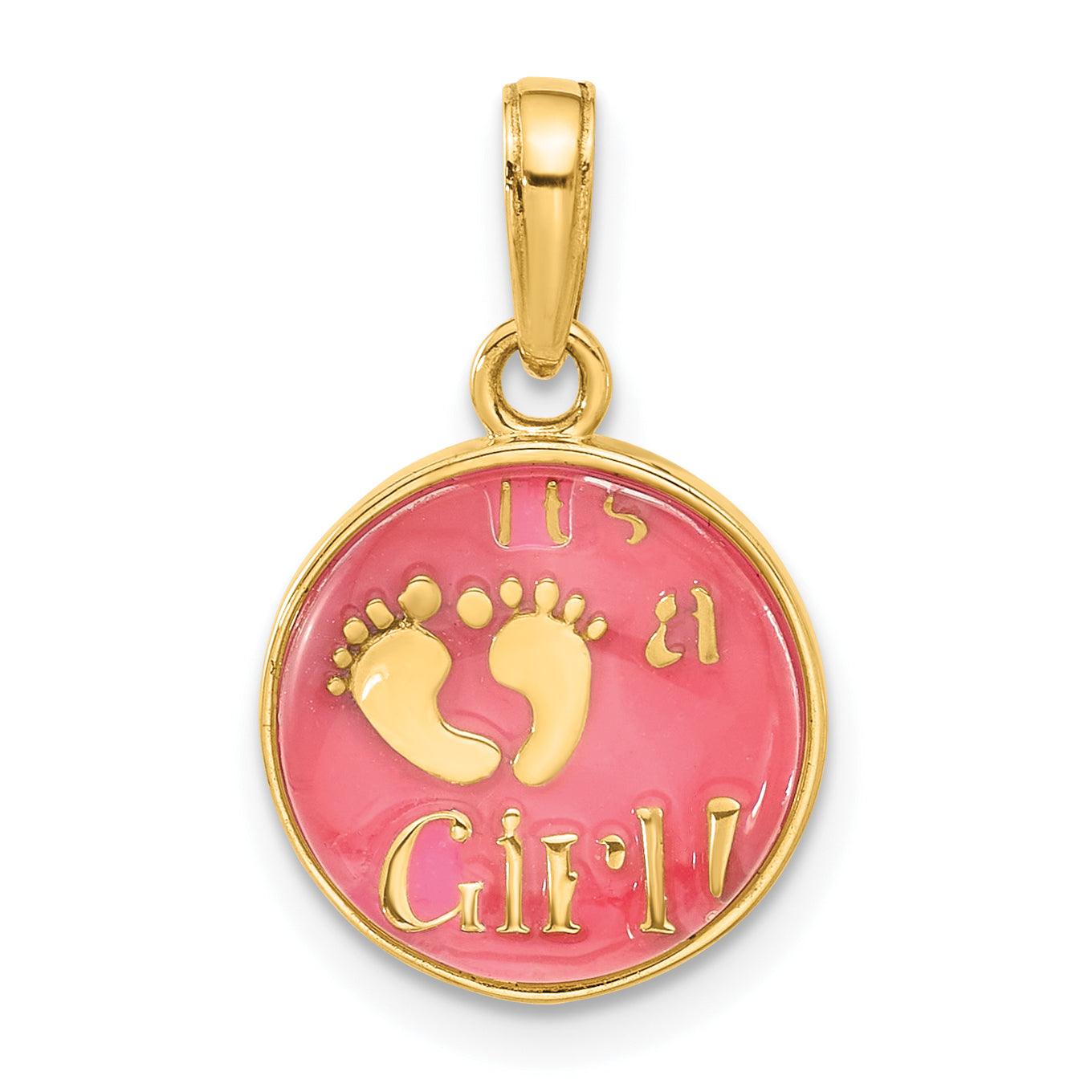 14K Polished with Pink Enamel and Clear Epoxy Resin It's A Girl Pendant