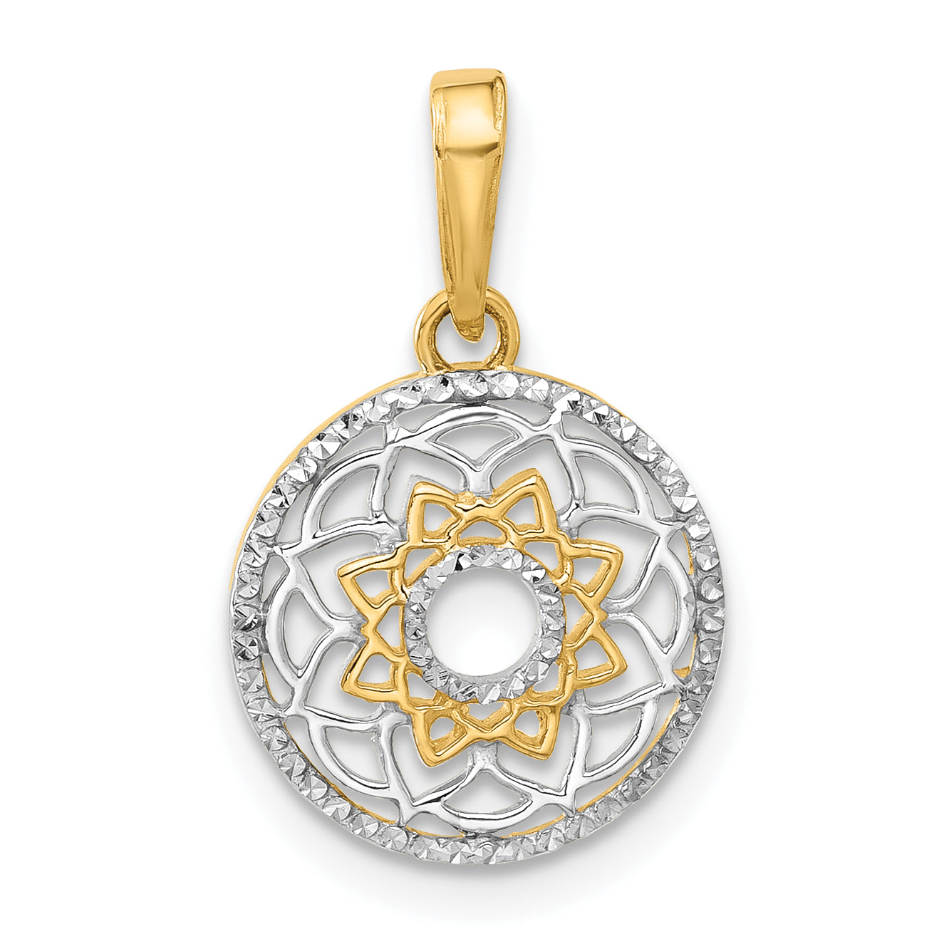 14k and White Rhodium Polished Floral Design Circle Pendant Main image