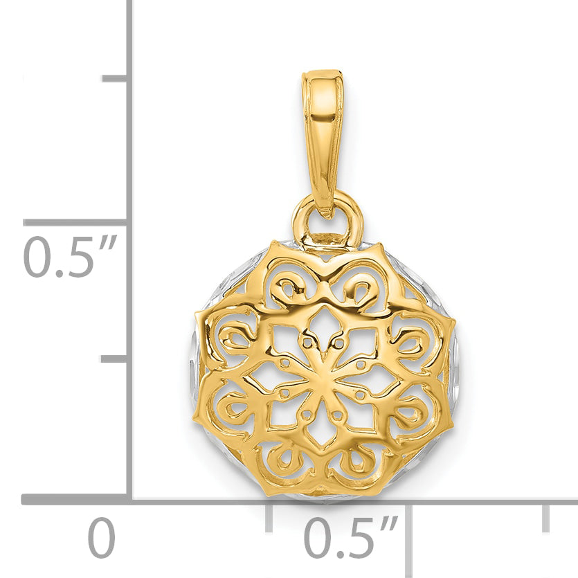 14k and White Rhodium Floral Design Circle Pendant