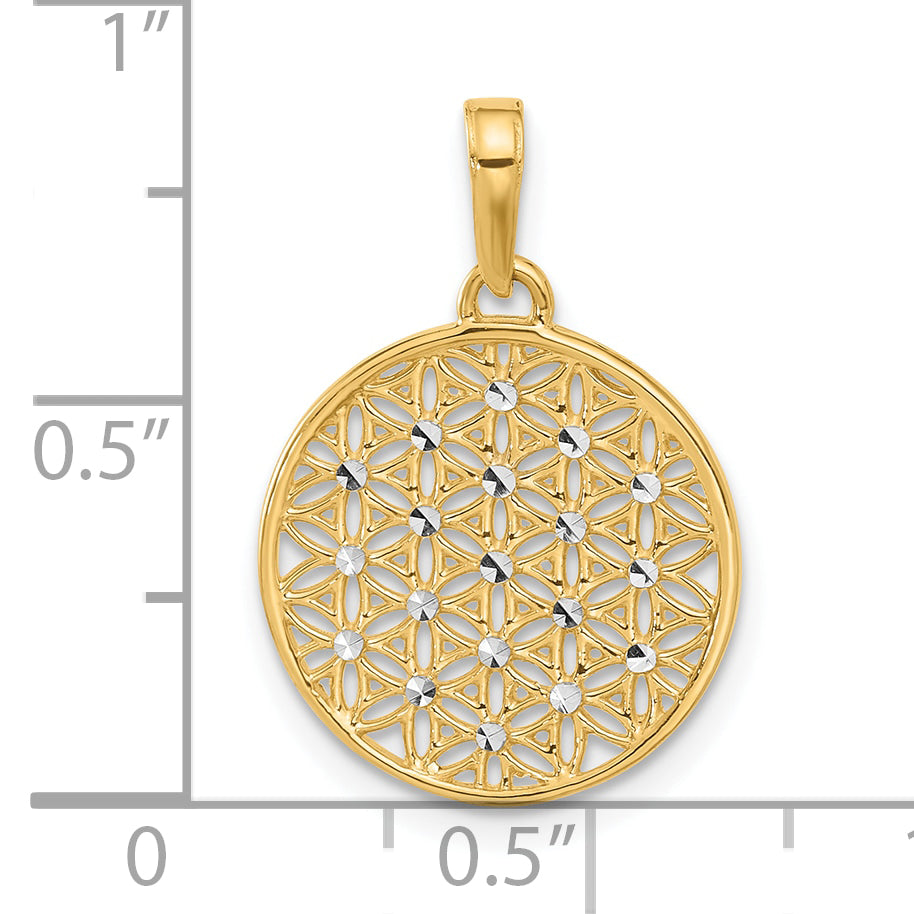 14K and Rhodium Polished and D/C Flower Circle Pendant
