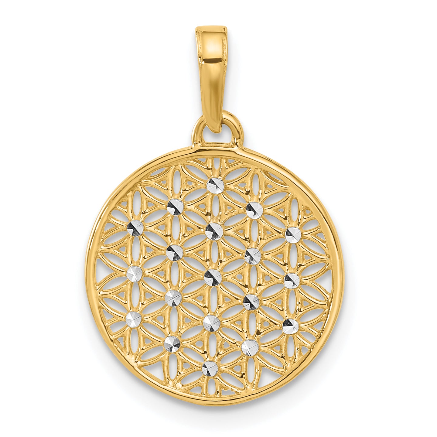 14K and Rhodium Polished and D/C Flower Circle Pendant Main image