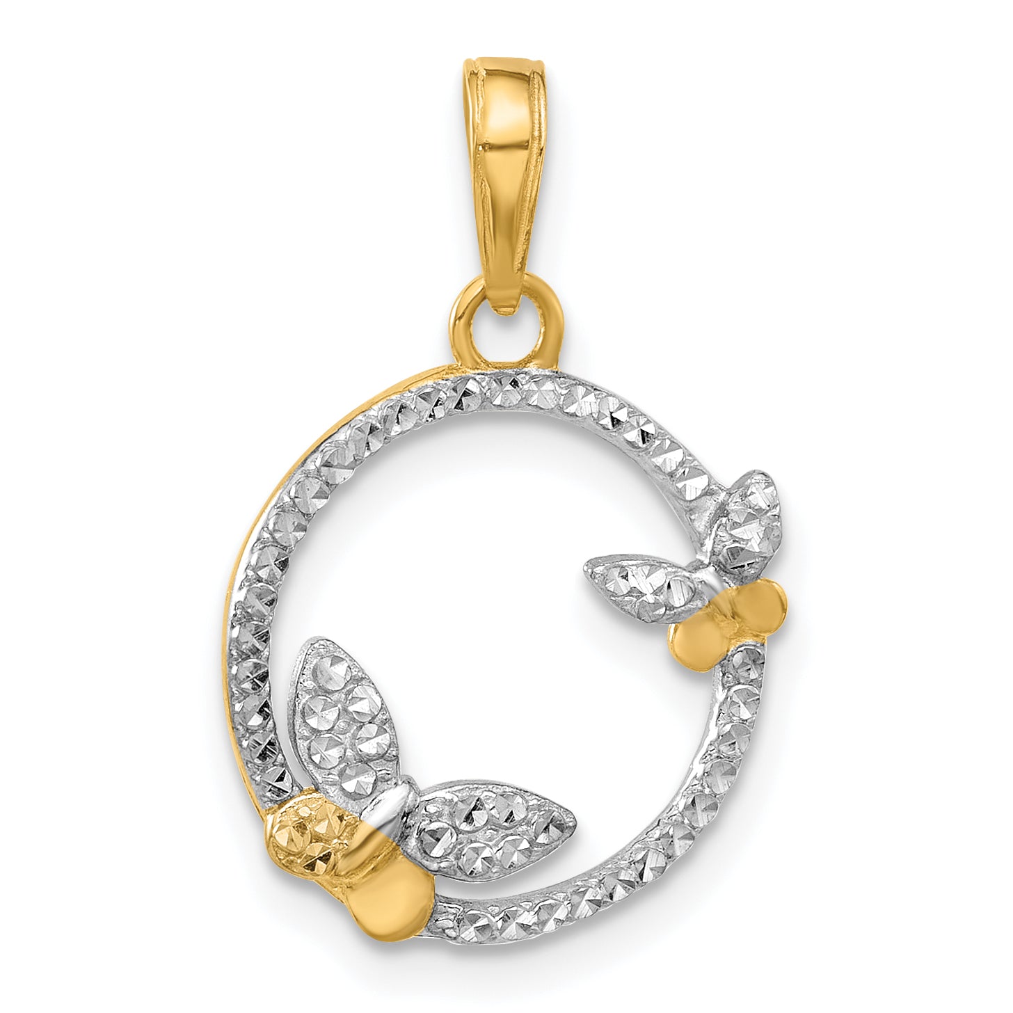 14K And White Rhodium D/C Butterflies on Circle Pendant Main image