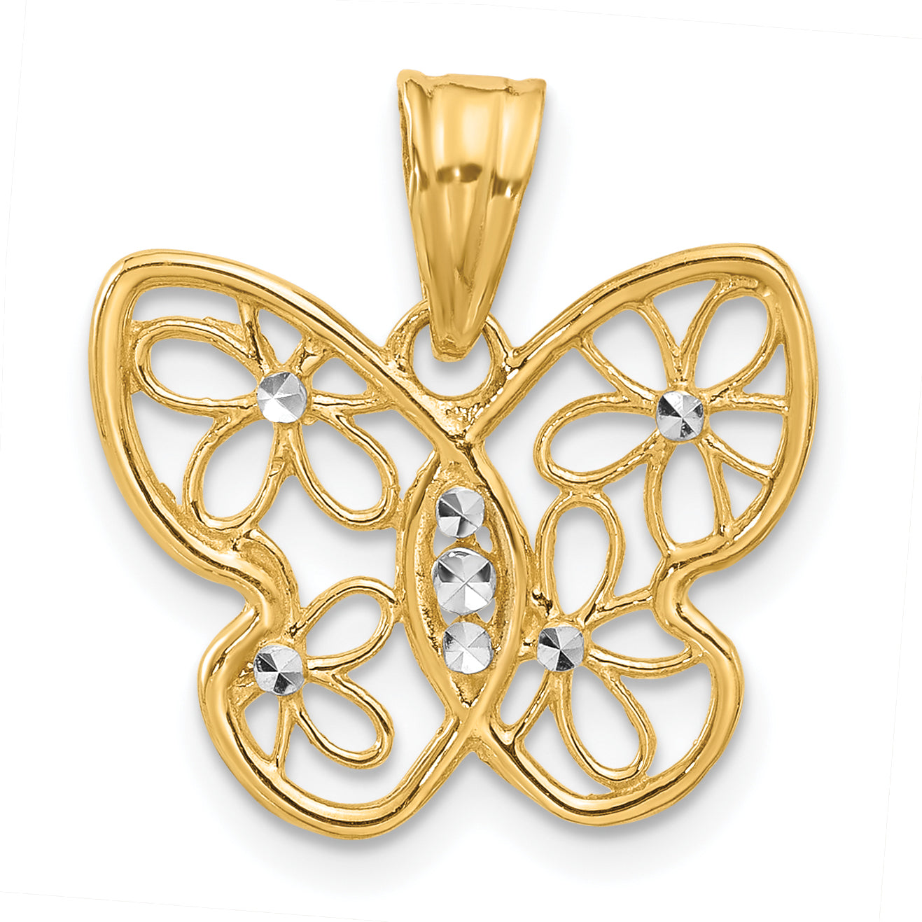 14K and White Rhodium Polished and D/C Flower Butterfly Pendant Main image