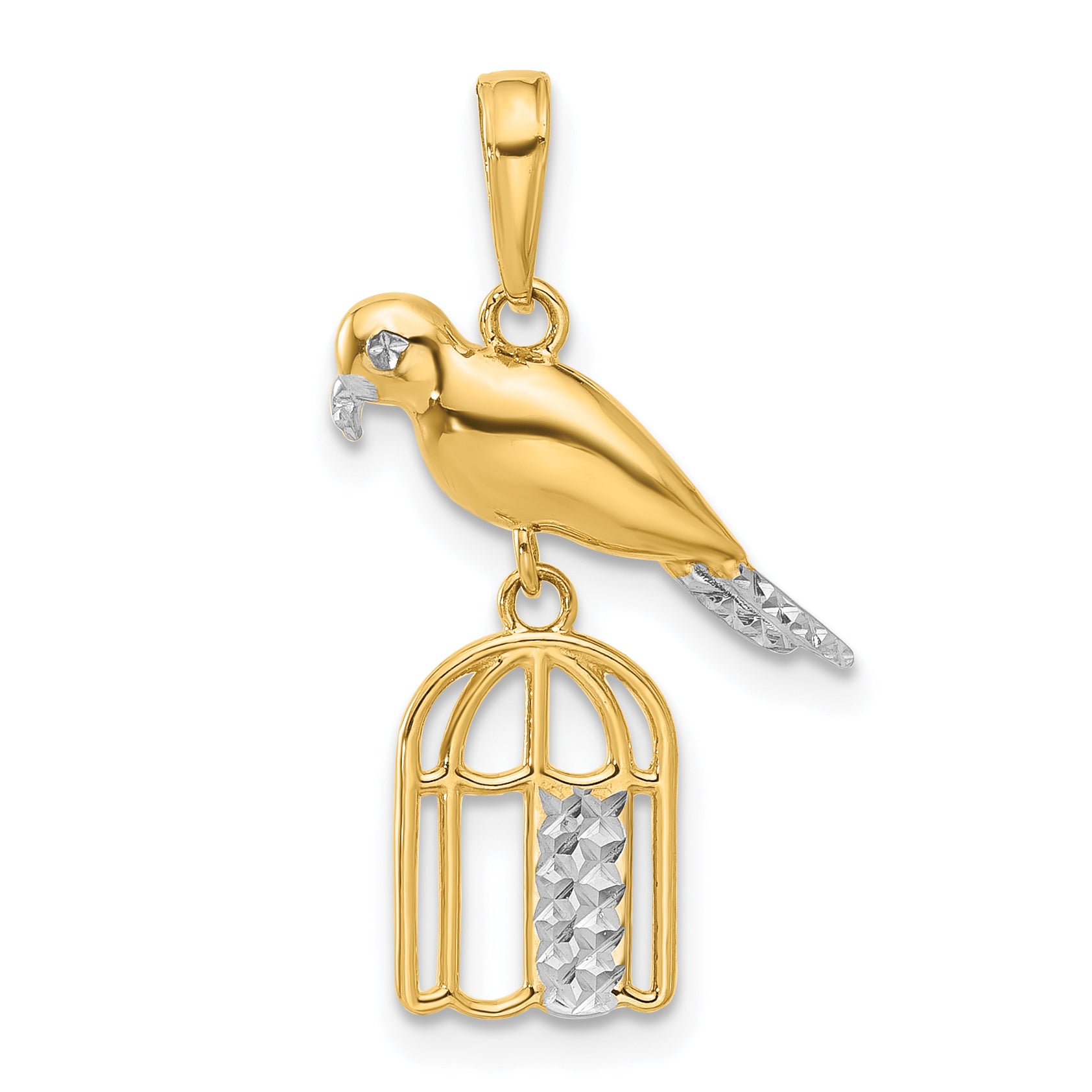 14K and White Rhodium D/C Bird on Bird Cage Pendant Main image