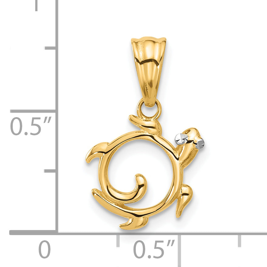 14K with White Rhodium Diamond Cut Swirl Turtle Pendant