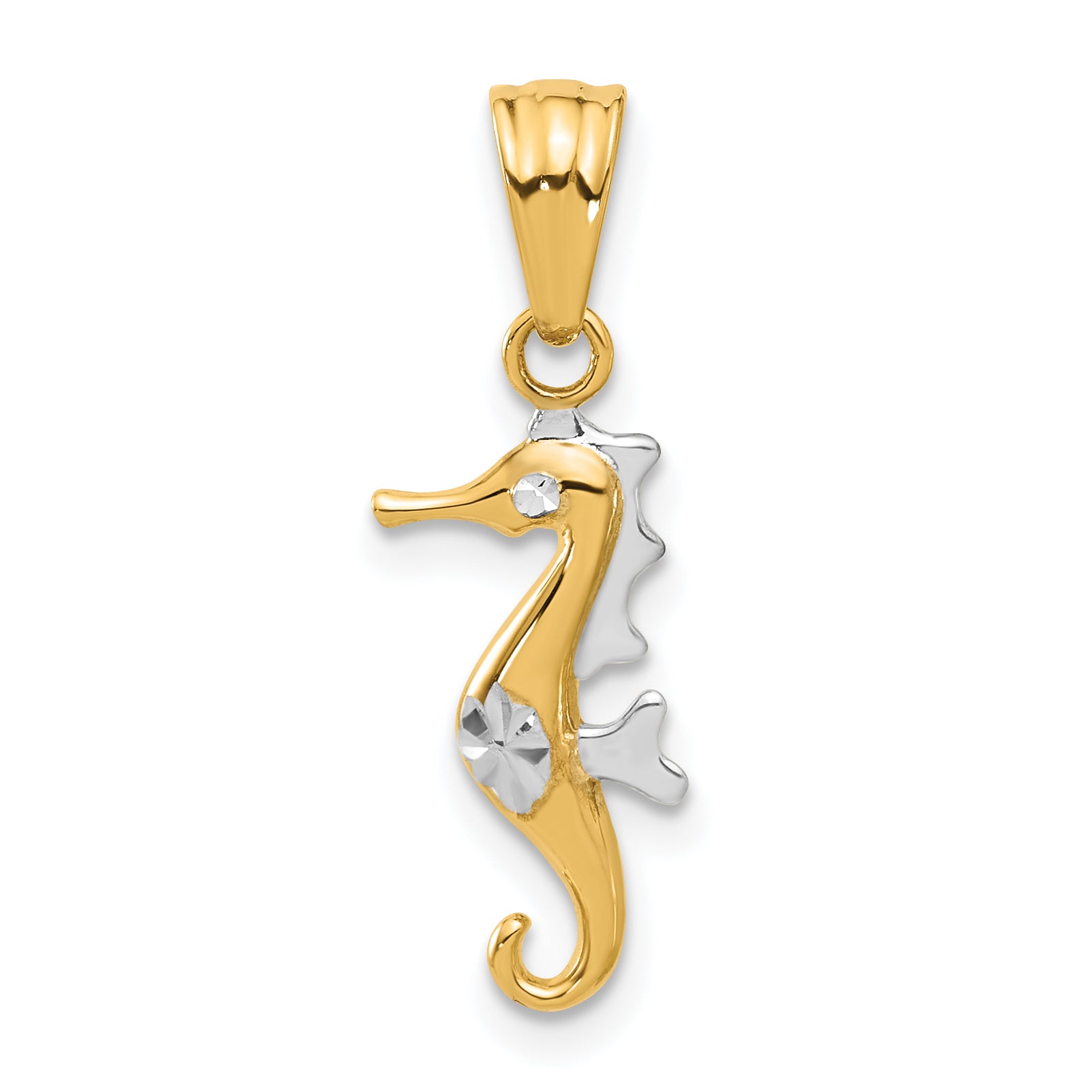 14K with White Rhodium Polished and Diamond Cut Seahorse Pendant Main image