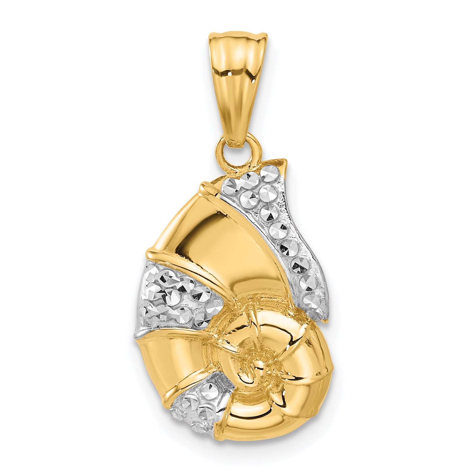 14K with White Rhodium Polished and Diamond Cut Nautilus Shell Pendant Main image