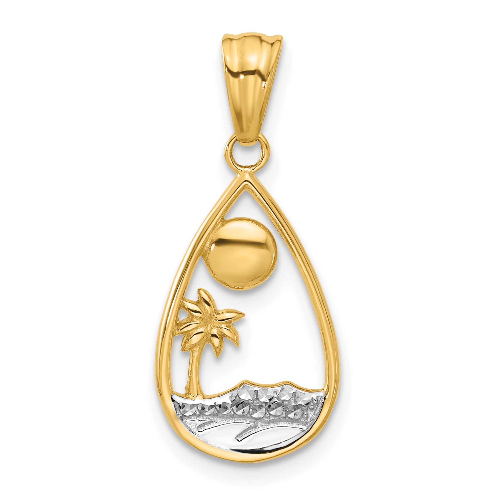 14K with White Rhodium Diamond Cut Ocean Scene Teardrop Pendant Main image
