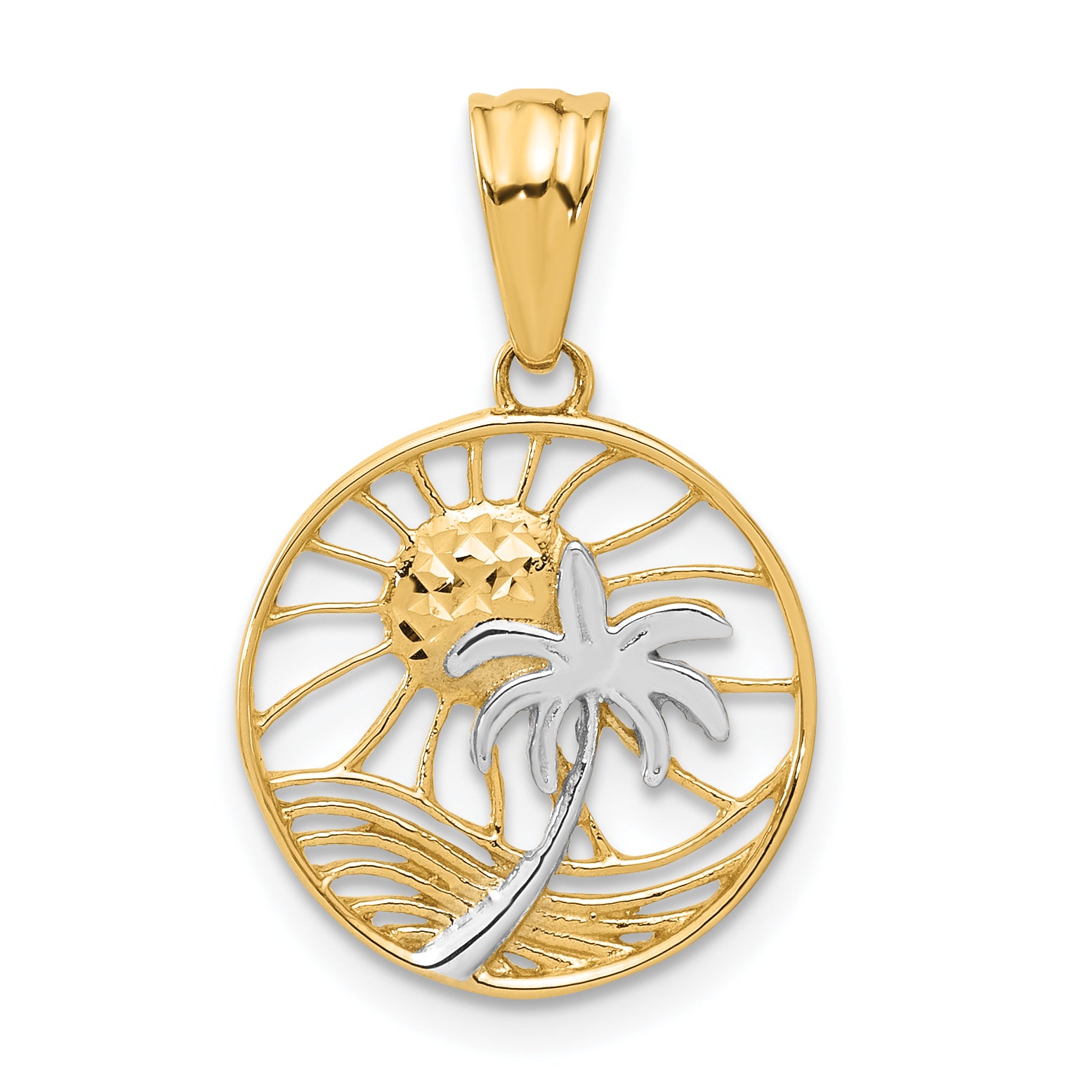 14K with White Rhodium Ocean and Palm Tree Round Pendant Main image