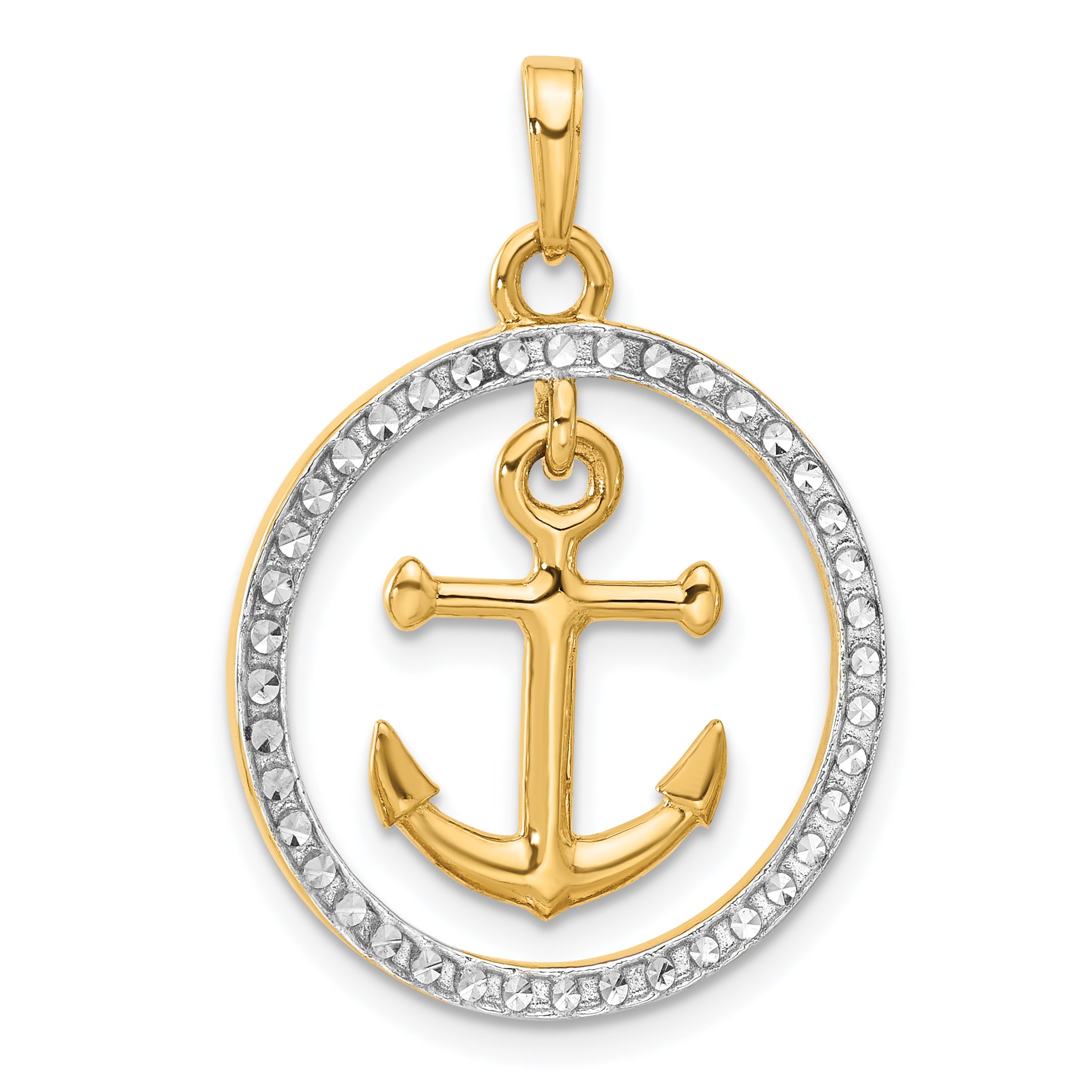 14k and White Rhodium D/C Anchor Dangle in Circle Pendant Main image