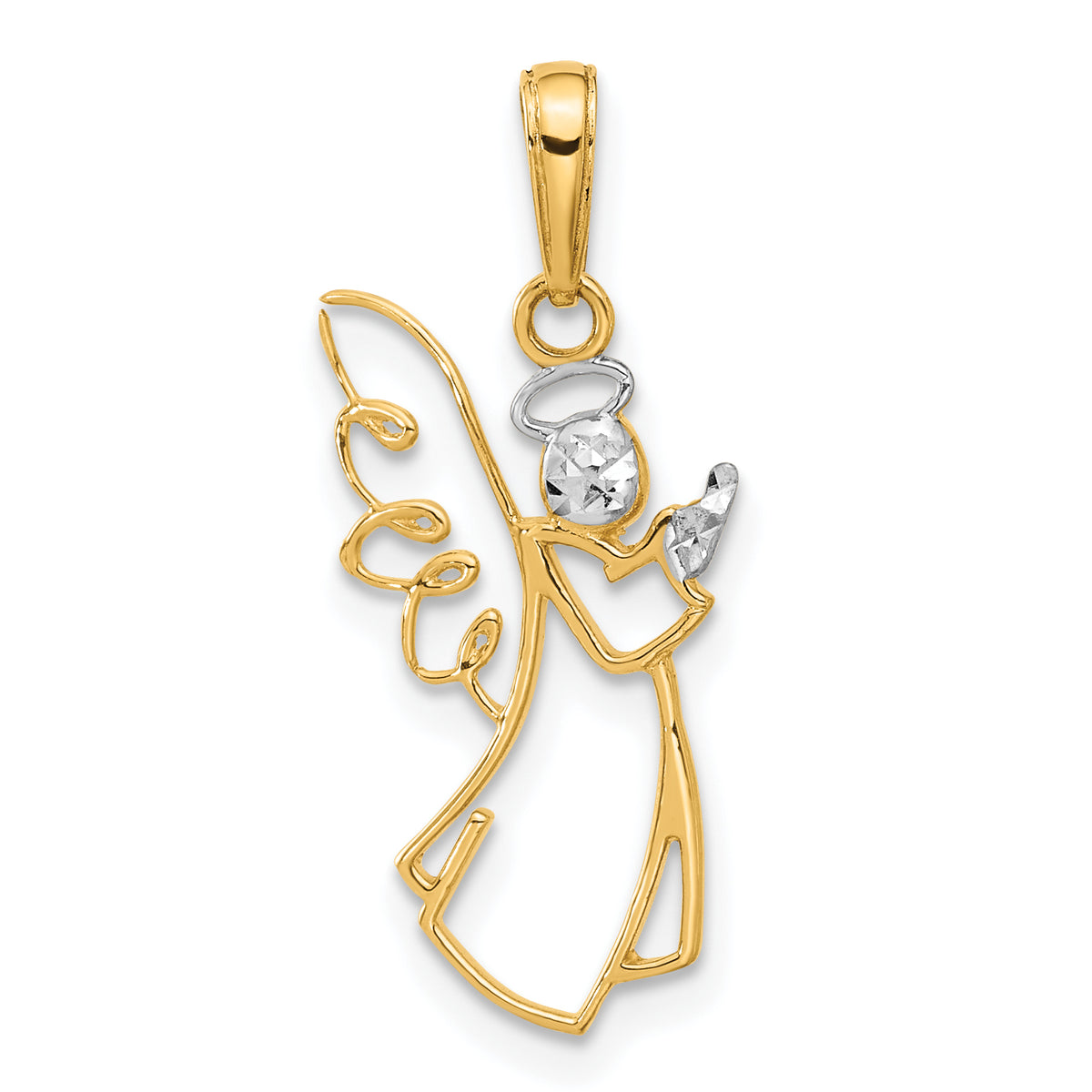 14K and White Rhodium Cut-out Diamond-cut Angel Pendant