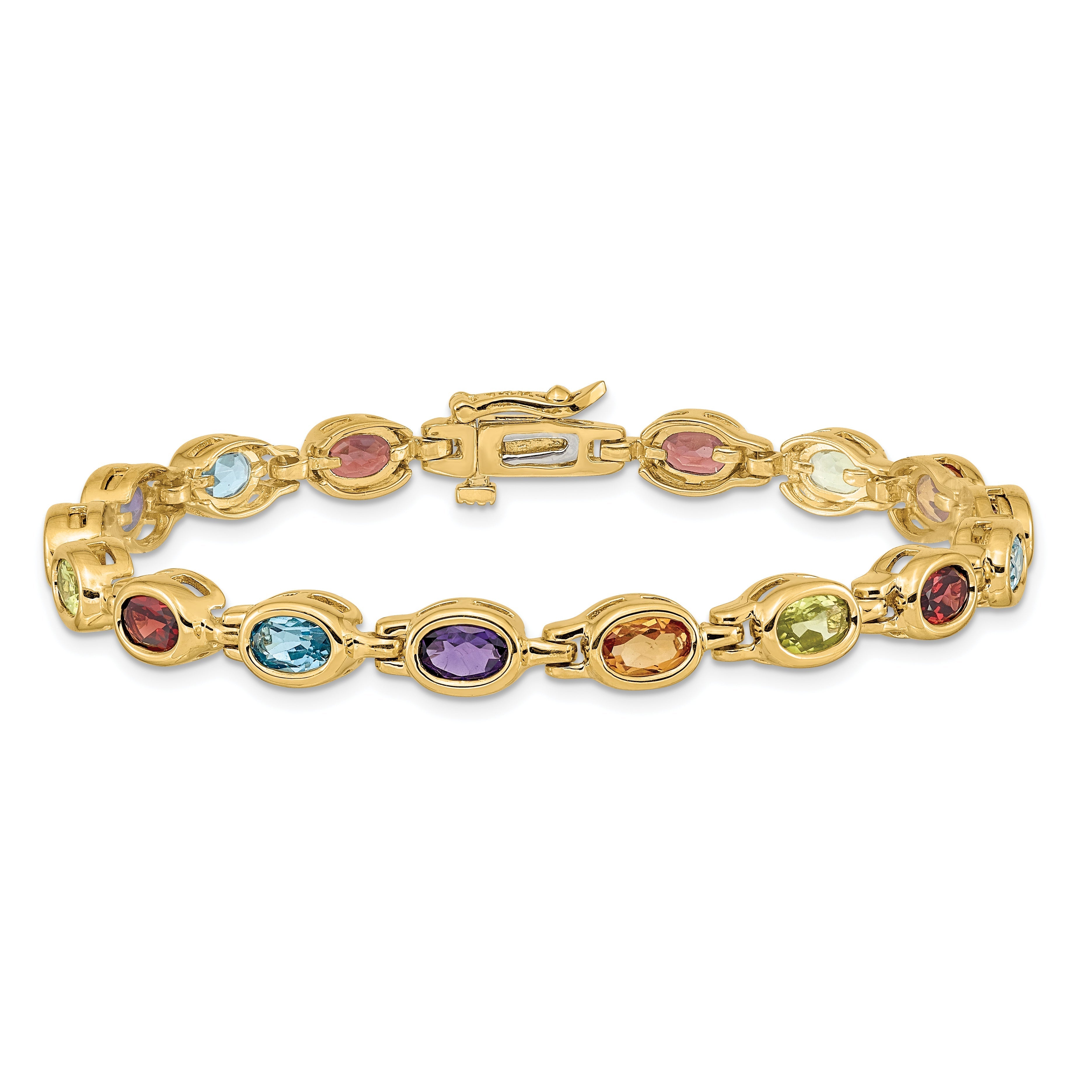 14K Gold Women's 7-Inch Oval Gemstone Bracelet with Garnet, Peridot, Citrine, Amethyst, and Swiss Blue Topaz