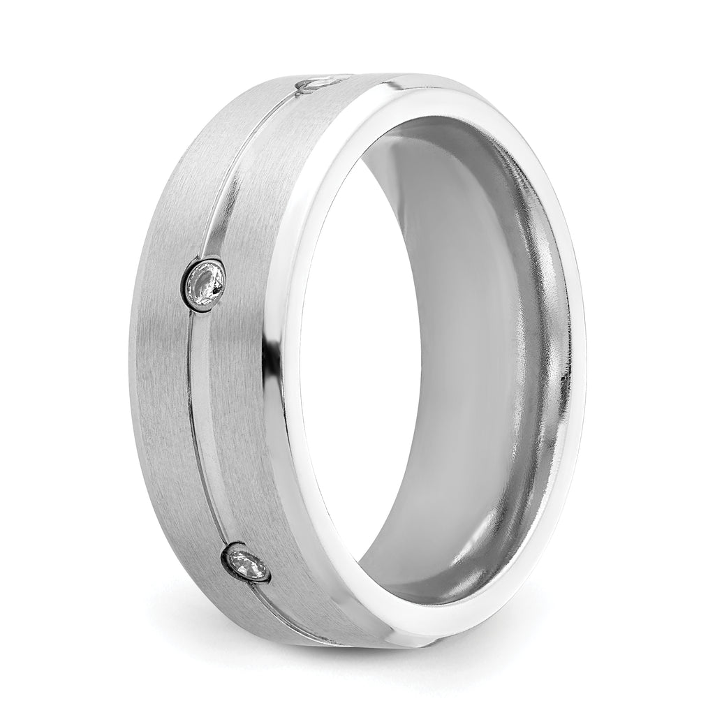 Brushed and Polished Cubic Zirconia Beveled Edge Cobalt Wedding Band 8mm