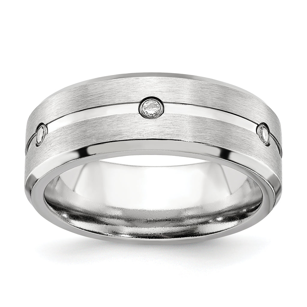 Brushed and Polished Cubic Zirconia Beveled Edge Cobalt Wedding Band 8mm