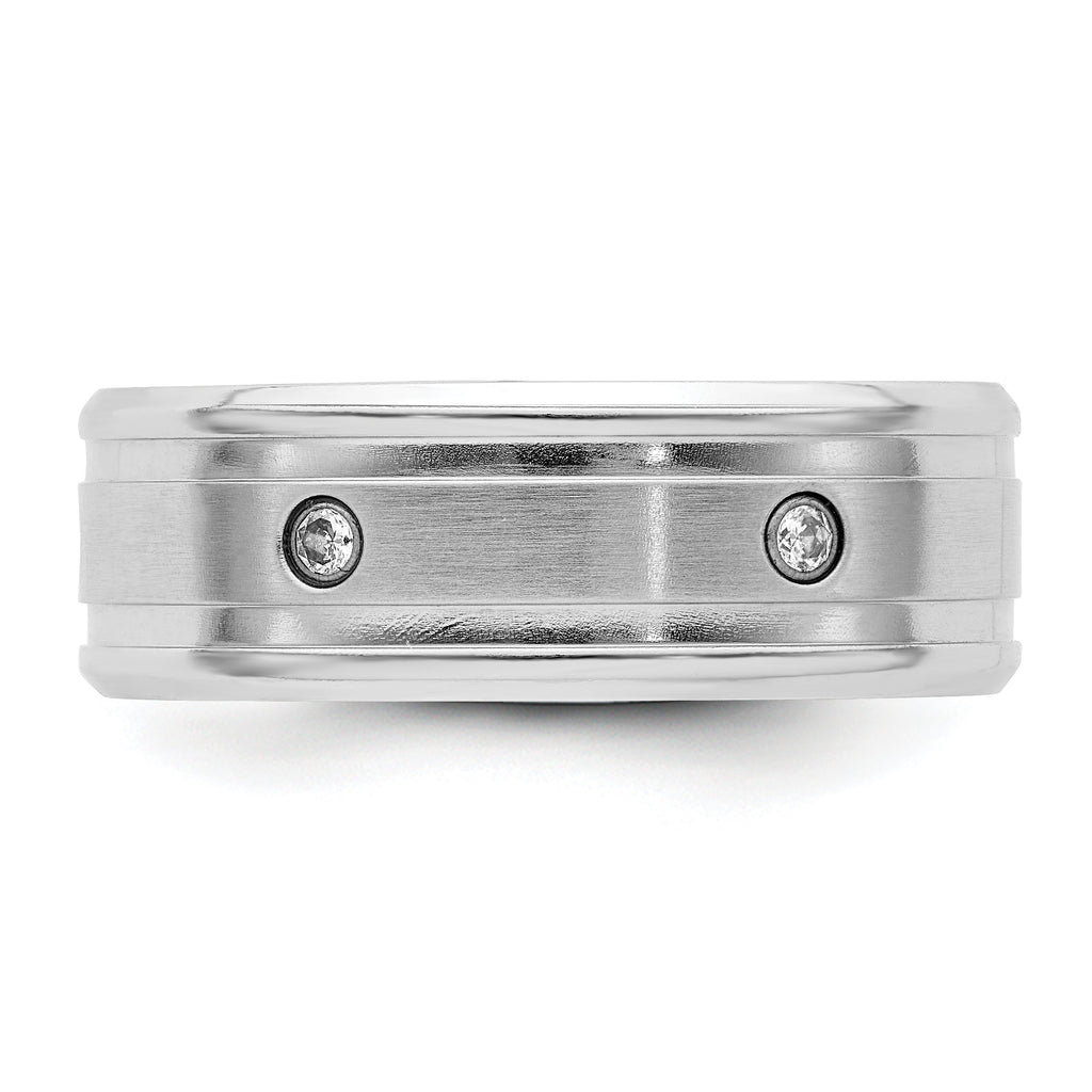 Brushed and Polished Cubic Zirconia Beveled Edge Cobalt Wedding Band 8mm White