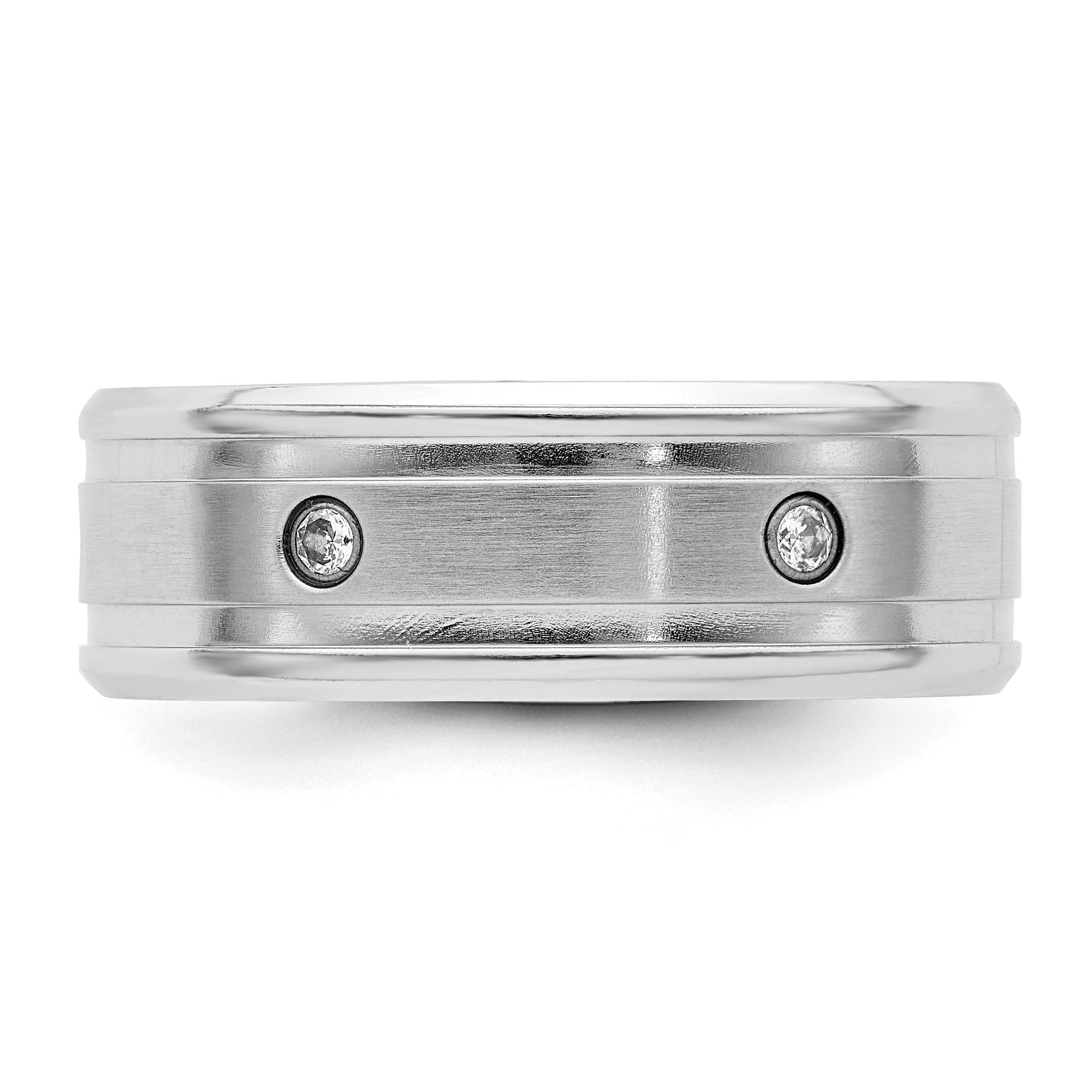 Brushed and Polished Cubic Zirconia Beveled Edge Cobalt Wedding Band 8mm White