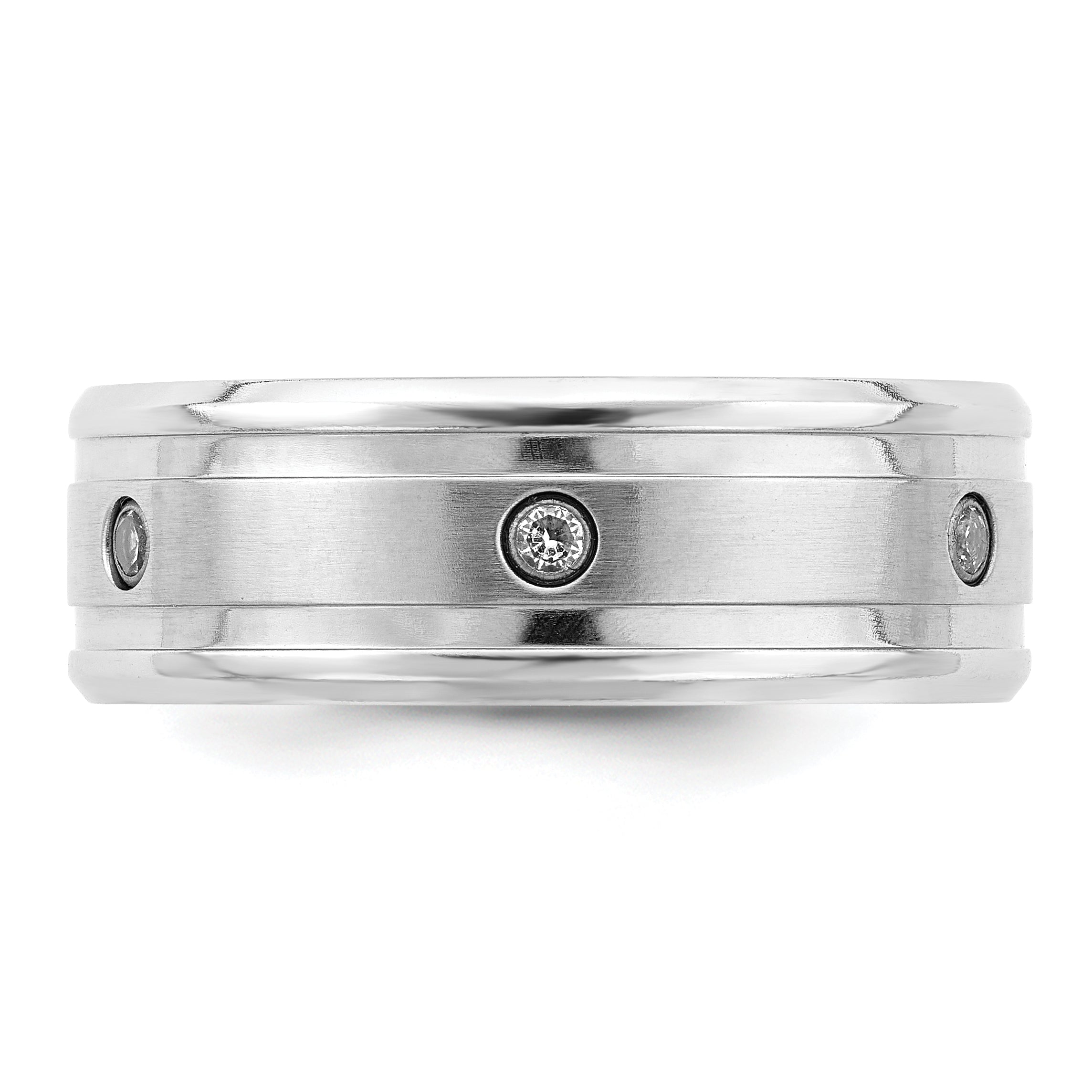 Brushed and Polished Cubic Zirconia Beveled Edge Cobalt Wedding Band 8mm White