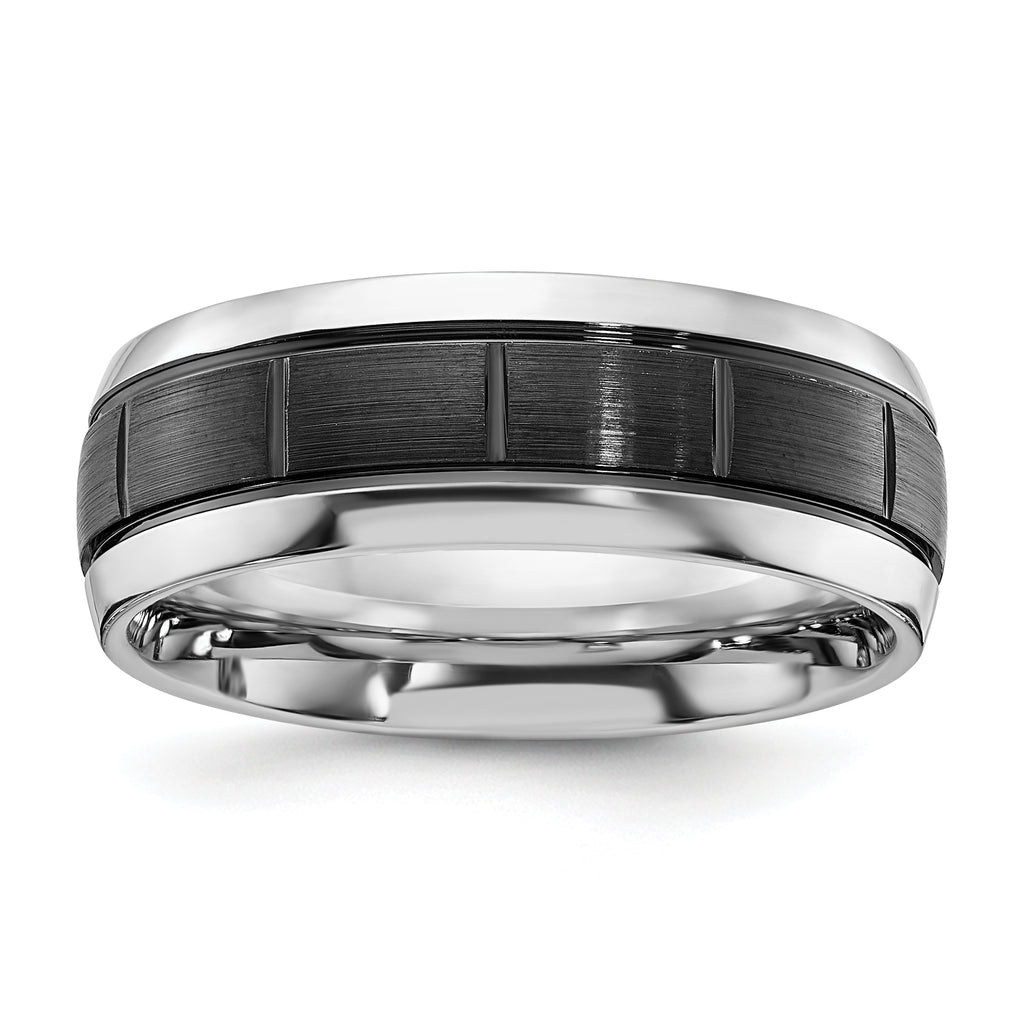 Black Ion-Plated Brushed and Polished Grooved Cobalt Wedding Band 8mm