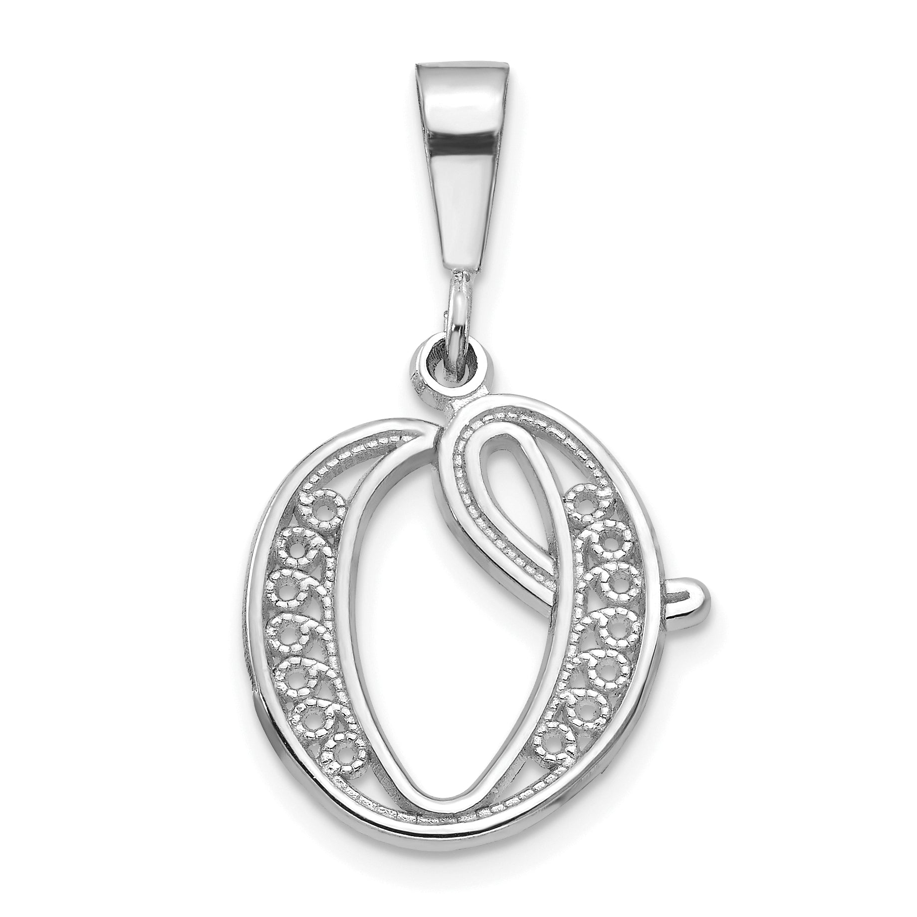 14KW White Gold Solid Polished Script Filigree Letter O Initial Pendant Main image