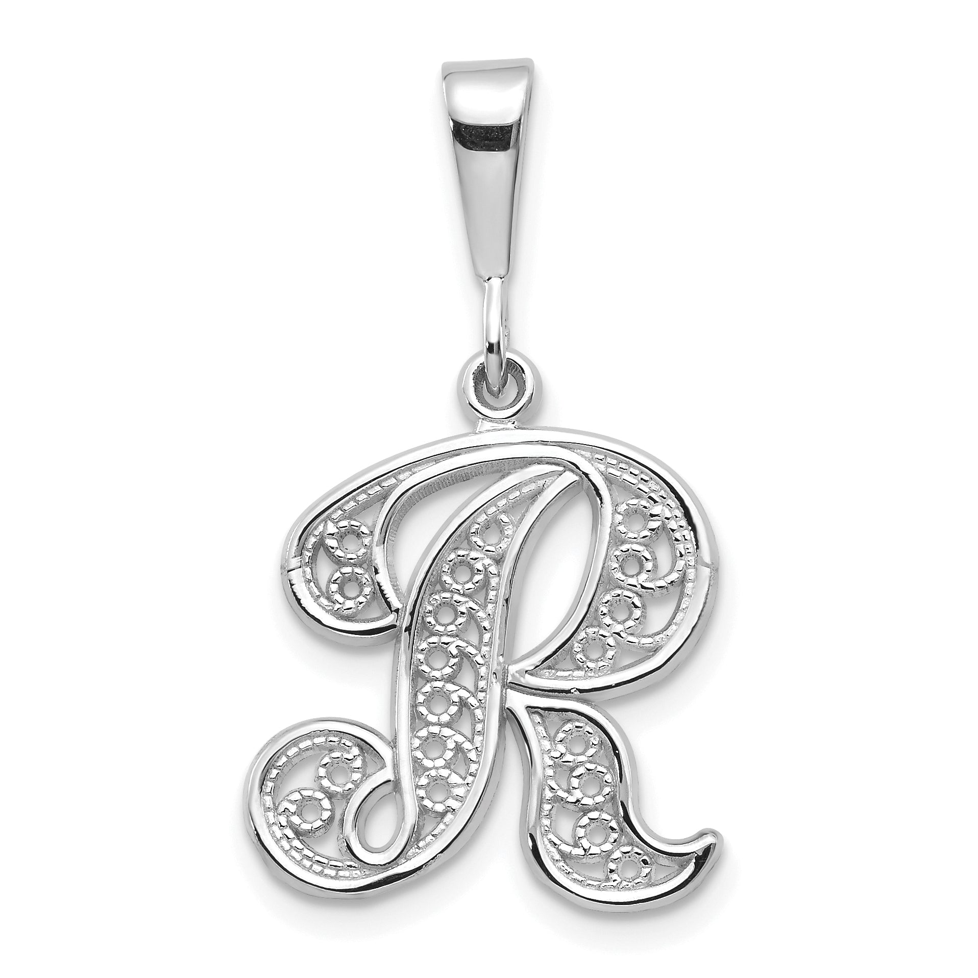 14KW White Gold Solid Polished Script Filigree Letter R Initial Pendant Main image