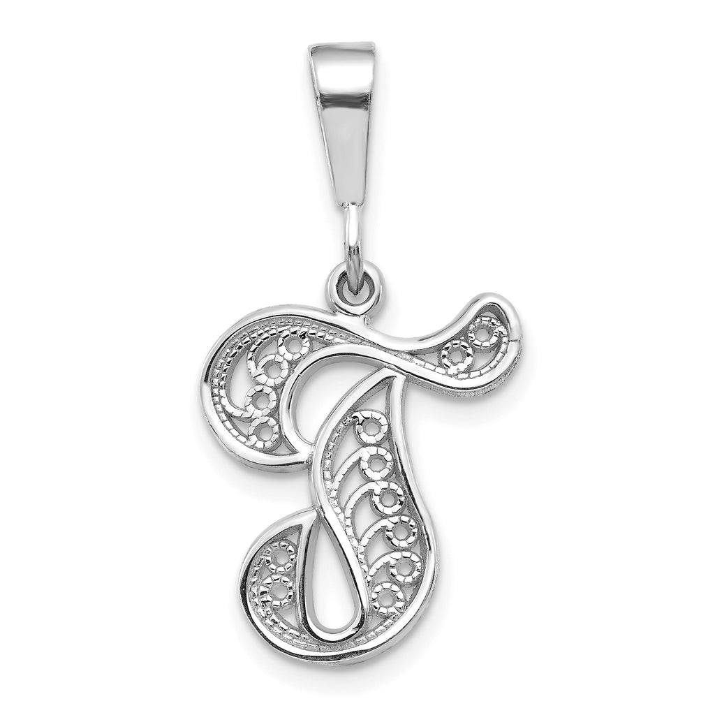 10K White Gold Filigree Initial T Pendant