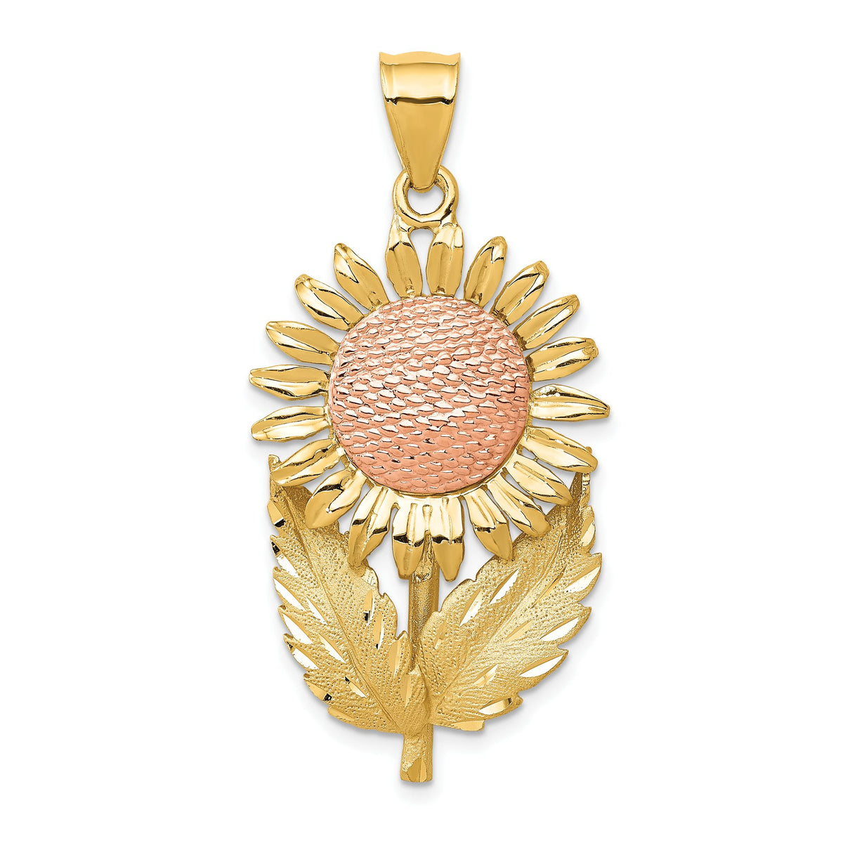 Sunflower with Leaves Pendant in 14K Two-Tone Gold, 44mm - Sophia Jewelers