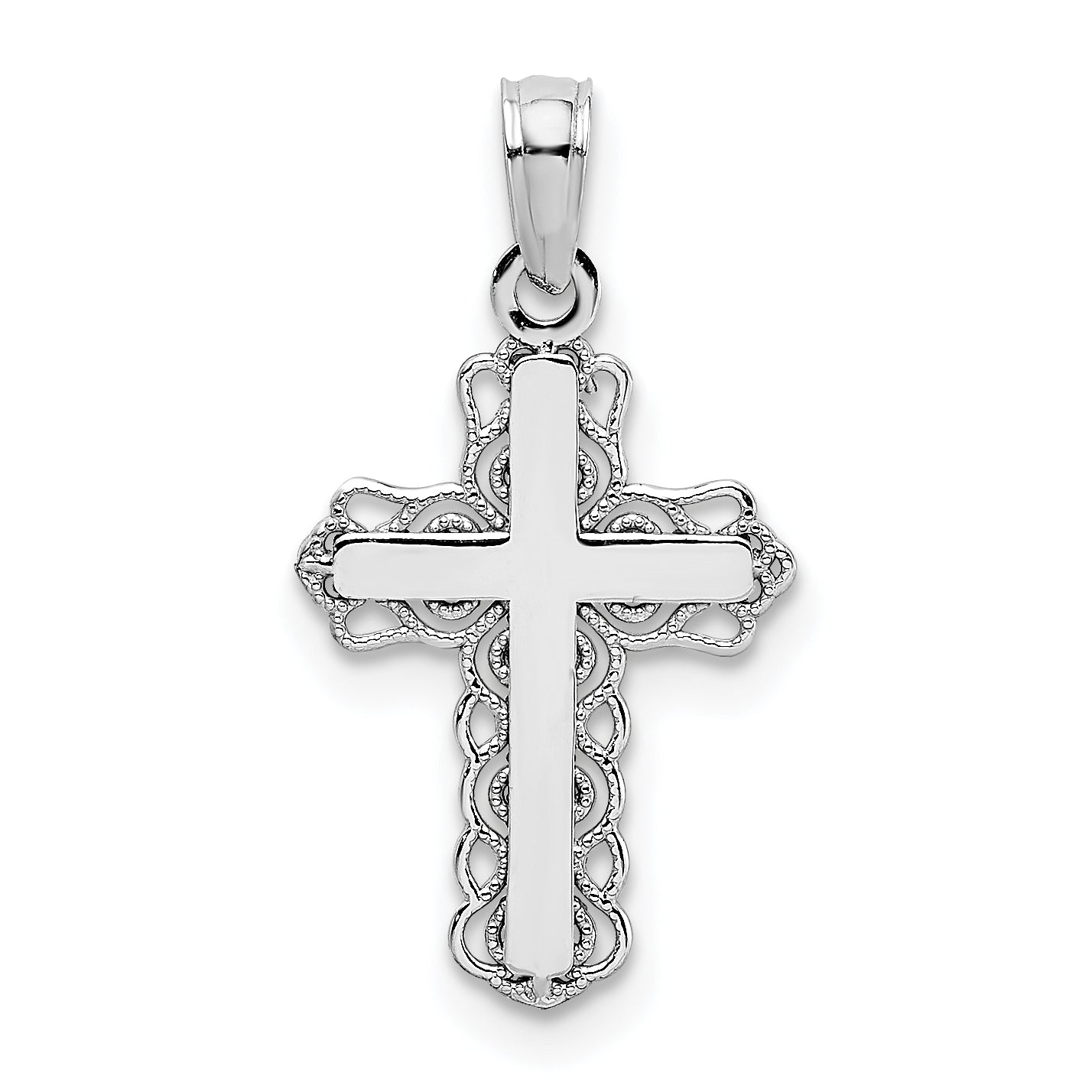 14K White Gold w/ Lace Trim and Polished Center Cross Charm Main image