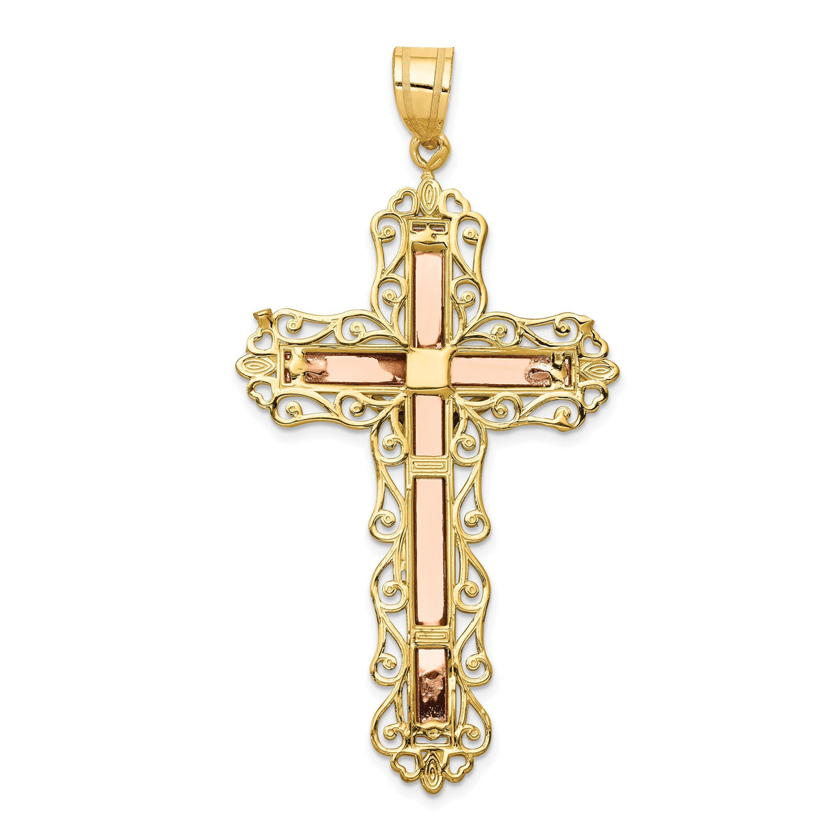 Filigree Crucifix Pendant in 14K Tri-Color Gold, 61mm Diamond-Cut - Sophia Jewelers