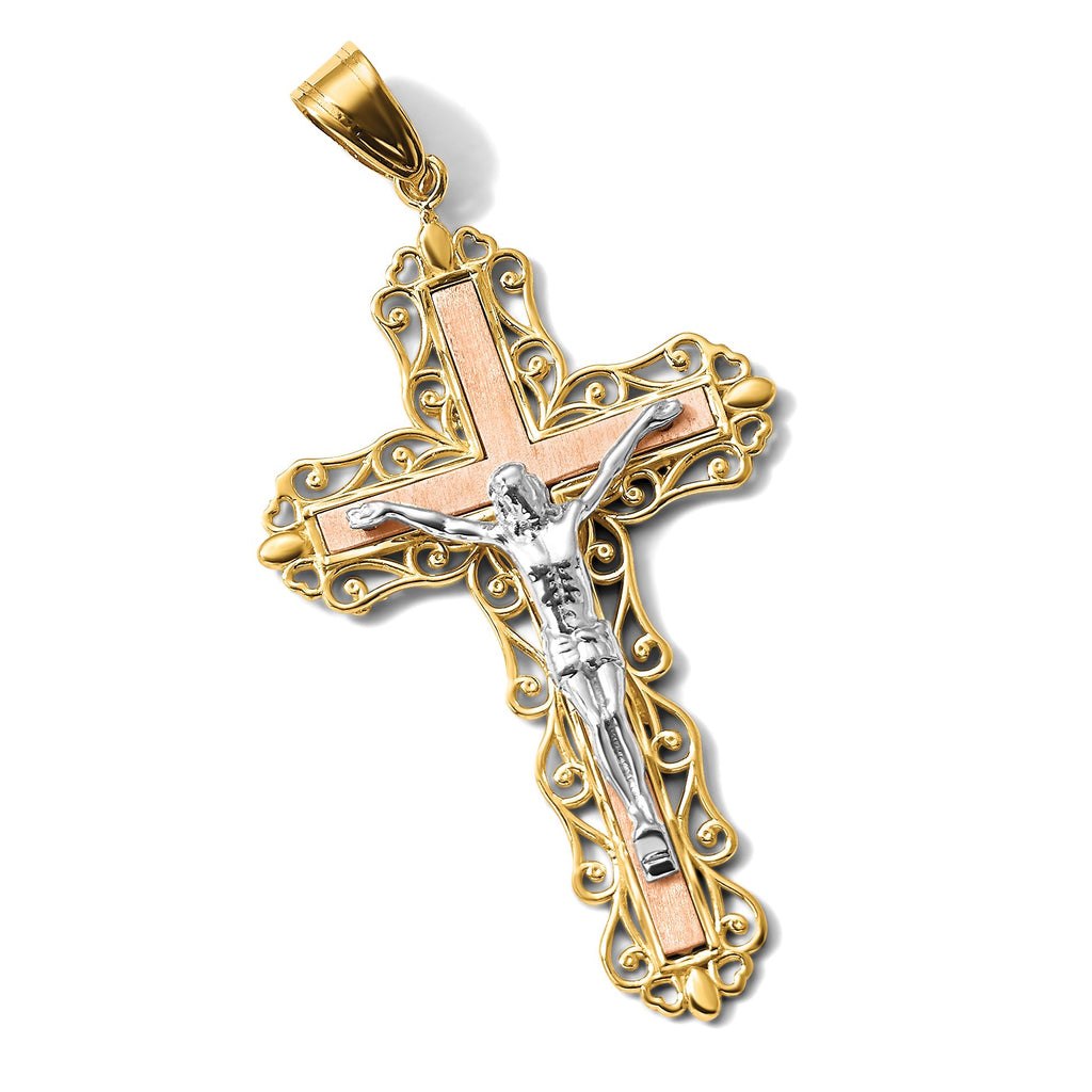 Filigree Crucifix Pendant in 14K Tri-Color Gold, 61mm Diamond-Cut - Sophia Jewelers