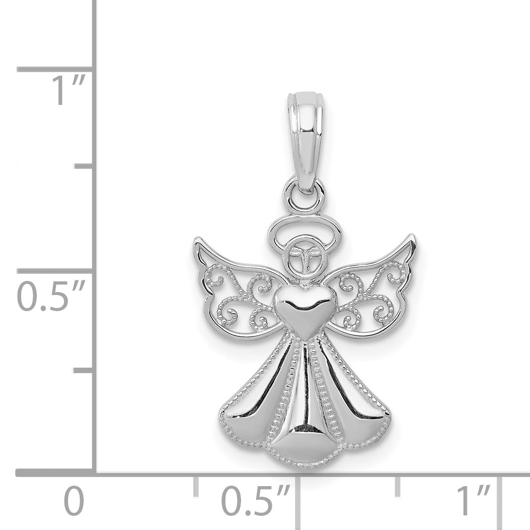 14K White Gold Polished Textured Guardian Angel Heart Pendant