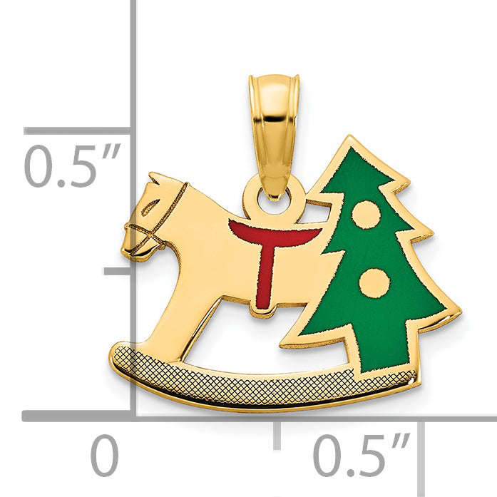 14k Polished Epoxy Rocking Horse with Christmas Tree Pendant