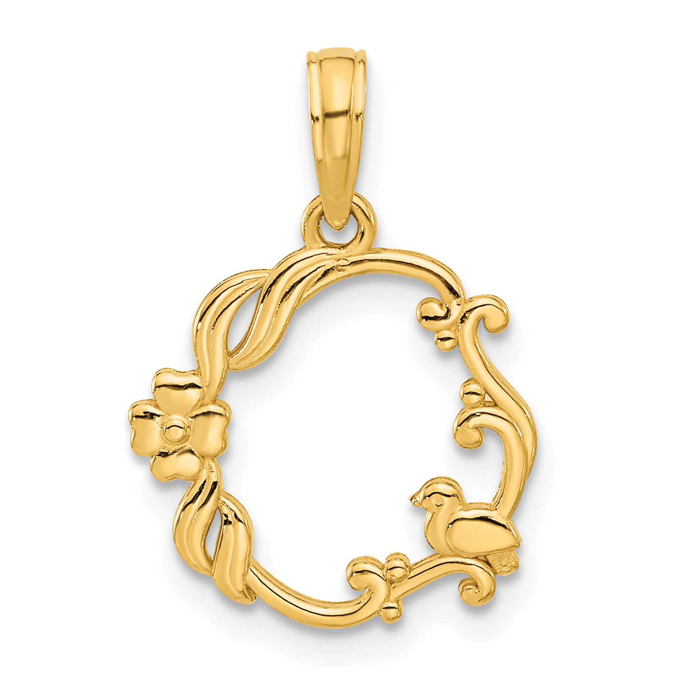 14k Polished Floral with Bird Circle Pendant Main image