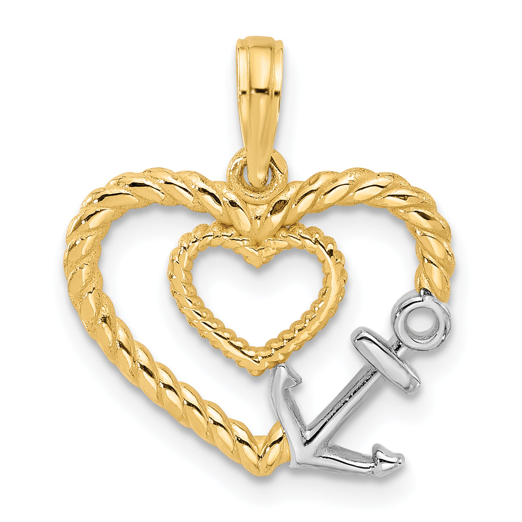 14K with White Rhodium Fancy Rope Heart and Anchor Charm - Sophia Jewelers